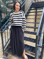 Mika Black Smocked Waist Side Slit Midi Skirt