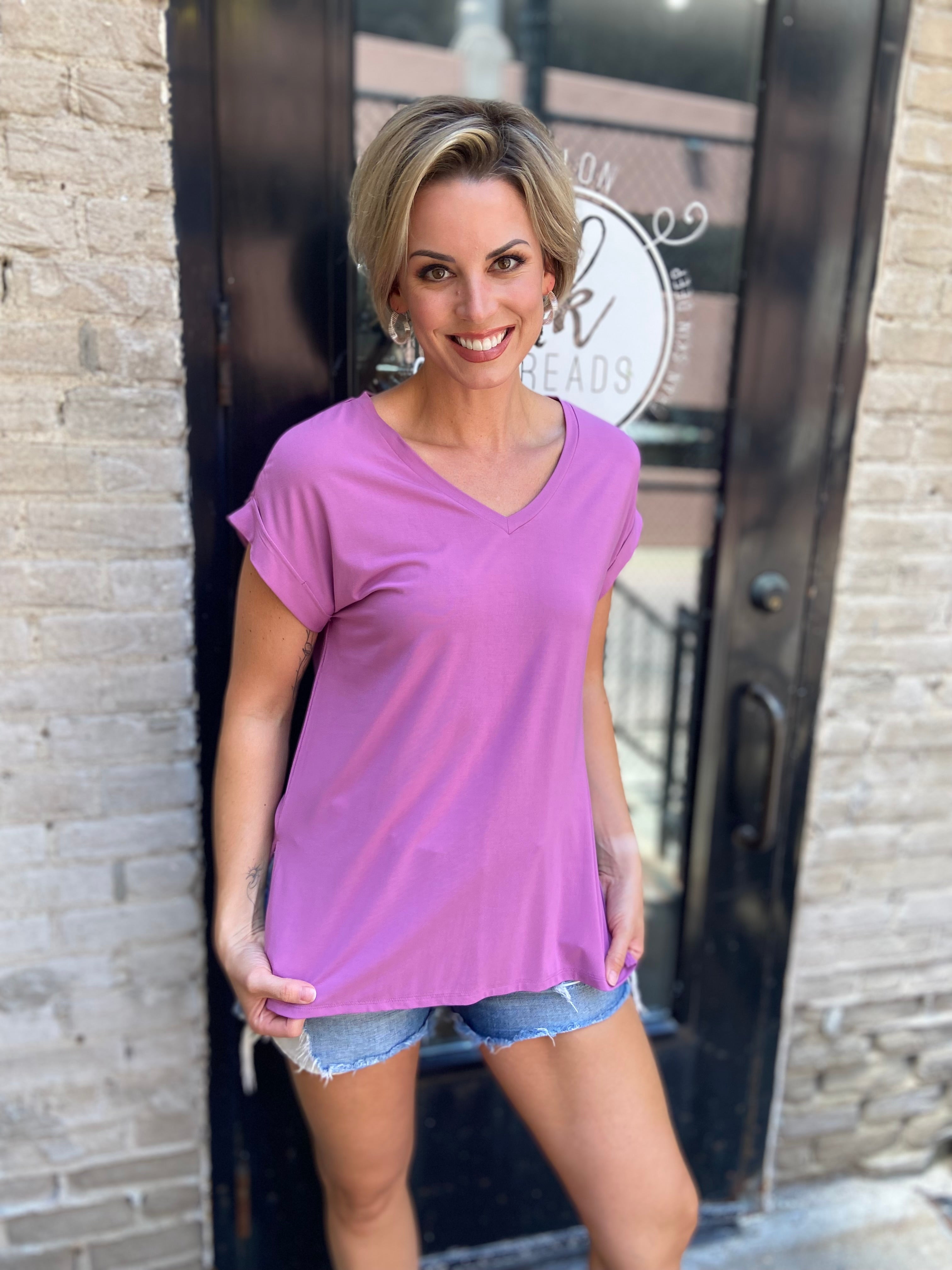 Mia Purple Oversized V Neck Tee - MK Threads Boutique