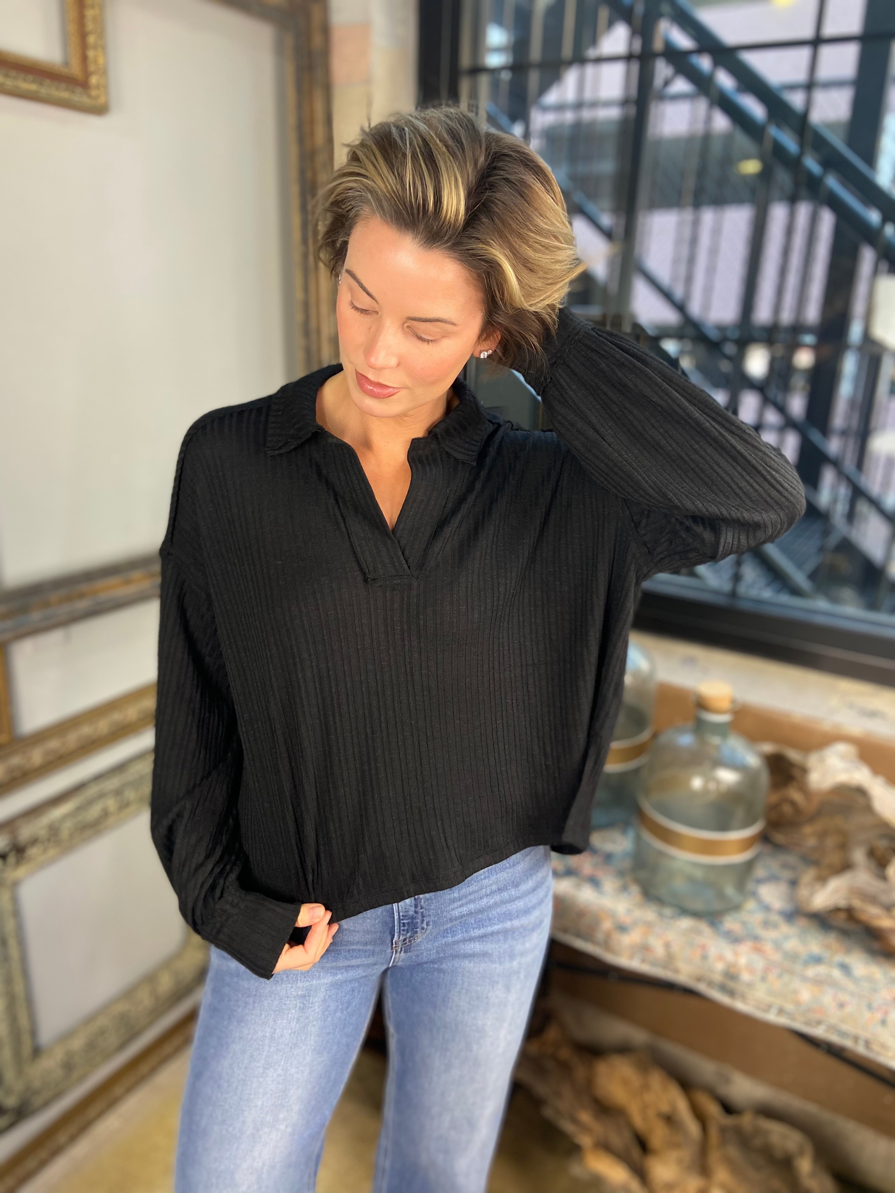 Bailey Black Quarter Split Ribbed Sweater