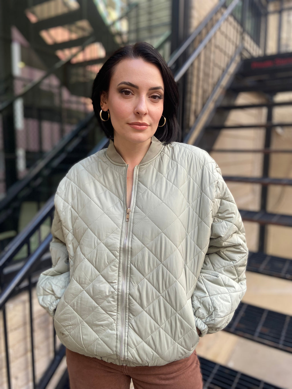 Geo Olive Quilted Bomber Jacket