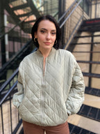 Geo Olive Quilted Bomber Jacket