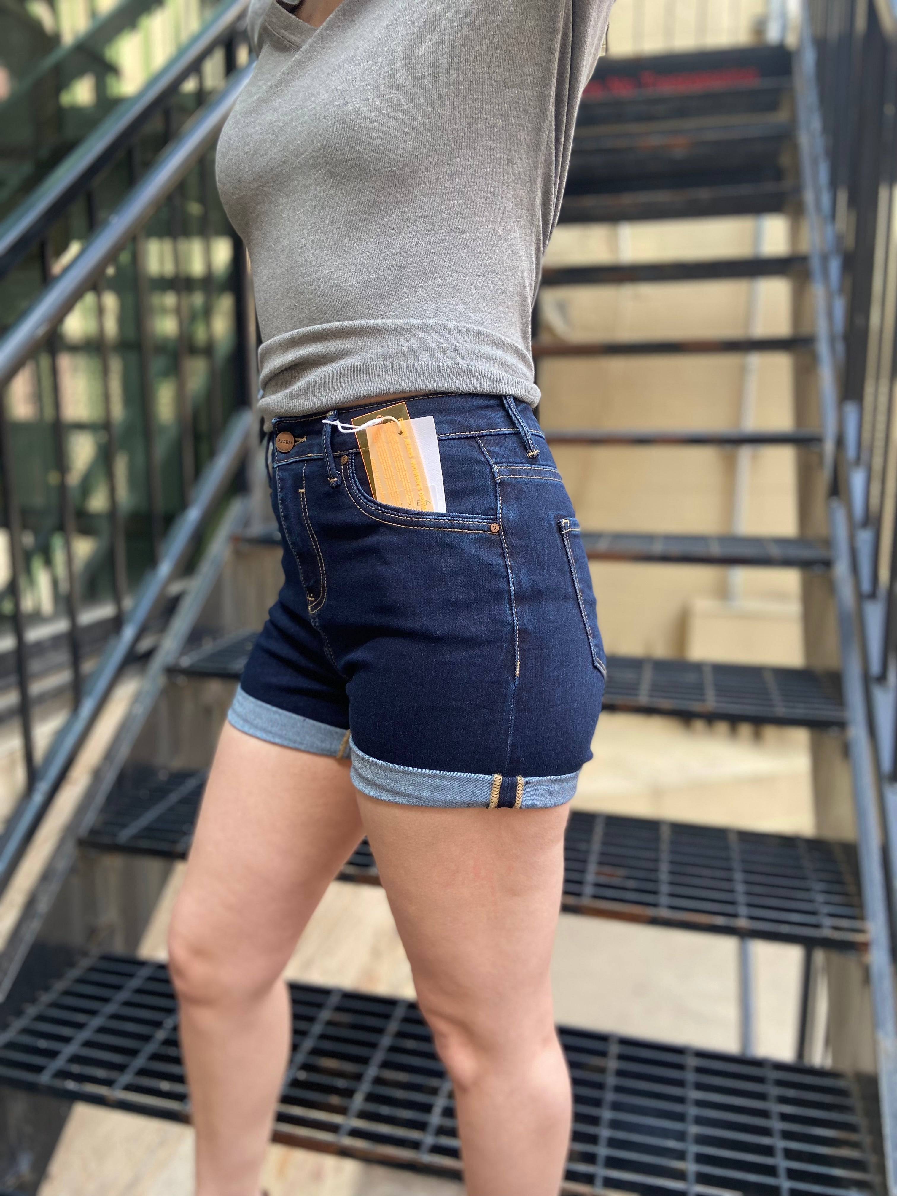 Thane Dark Wash High Rise Risen Jean Shorts - MK Threads Boutique