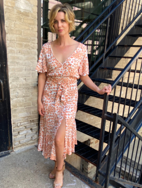 Theresa Orange Animal Print Midi Dress