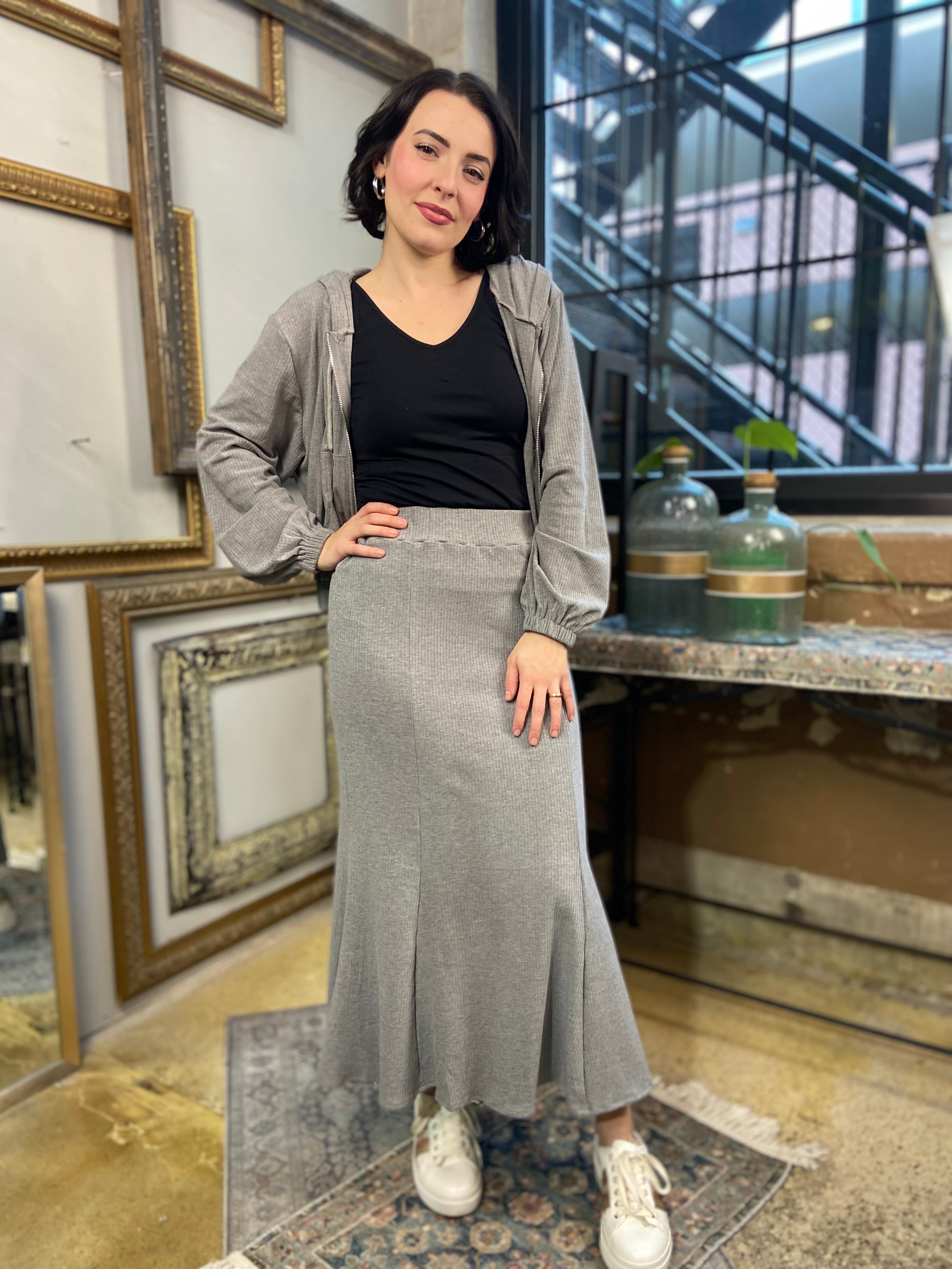 Olivia Gray Ribbed Crop Zip Up & Midi Skirt Set - MK Threads Boutique