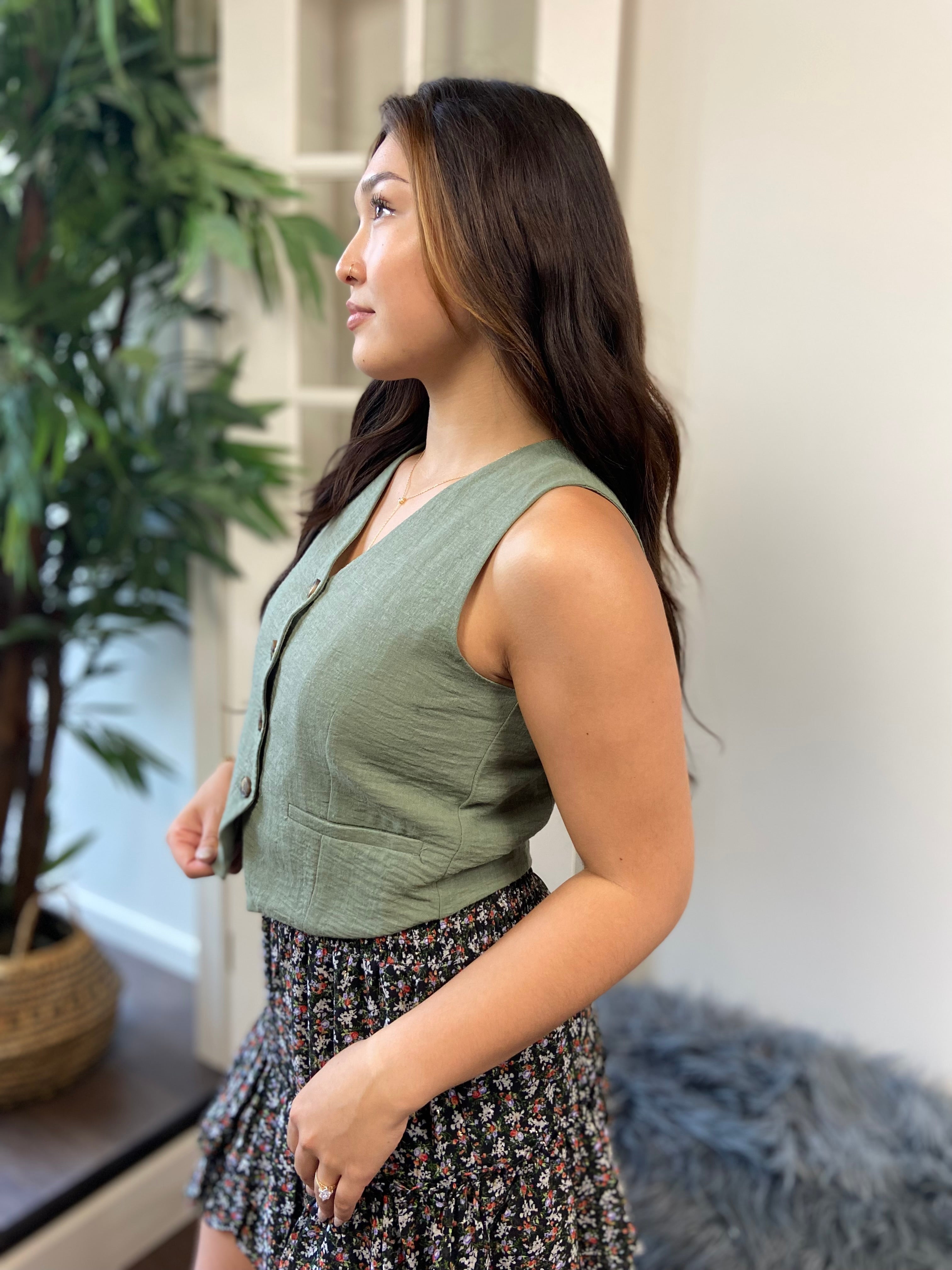 Castilla Olive Linen Button Up Vest