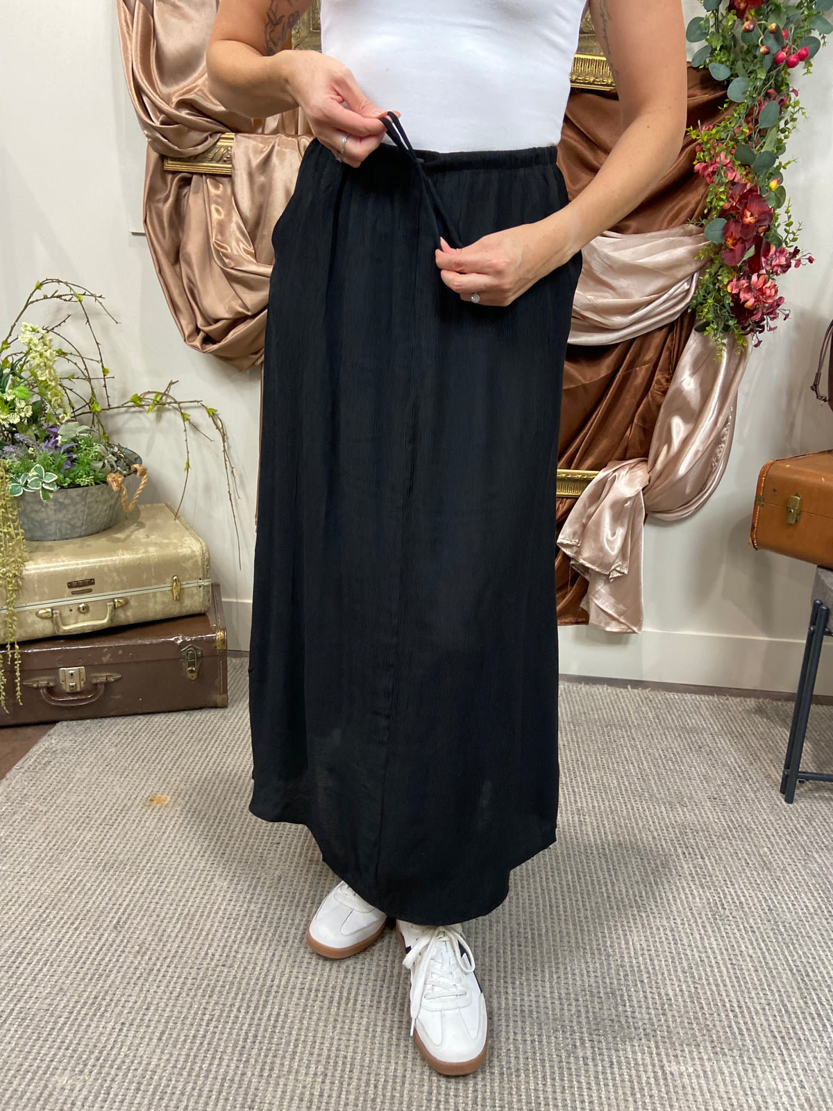 Yana Black Woven Midi Skirt
