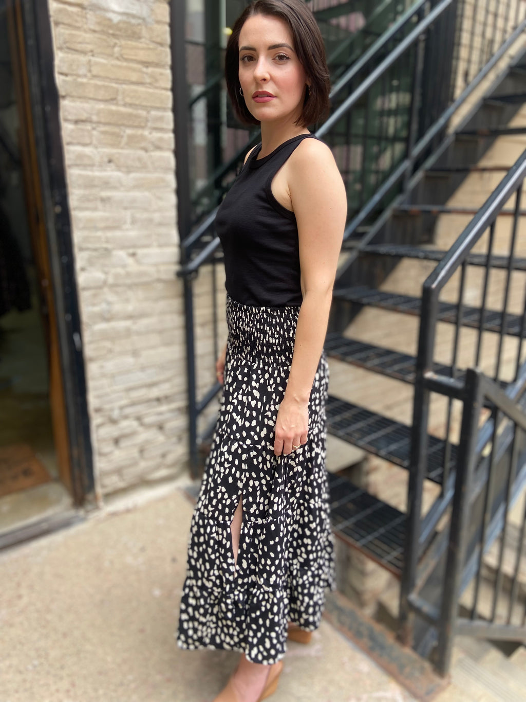 Nicola Black Pattern Slit Midi Skirt