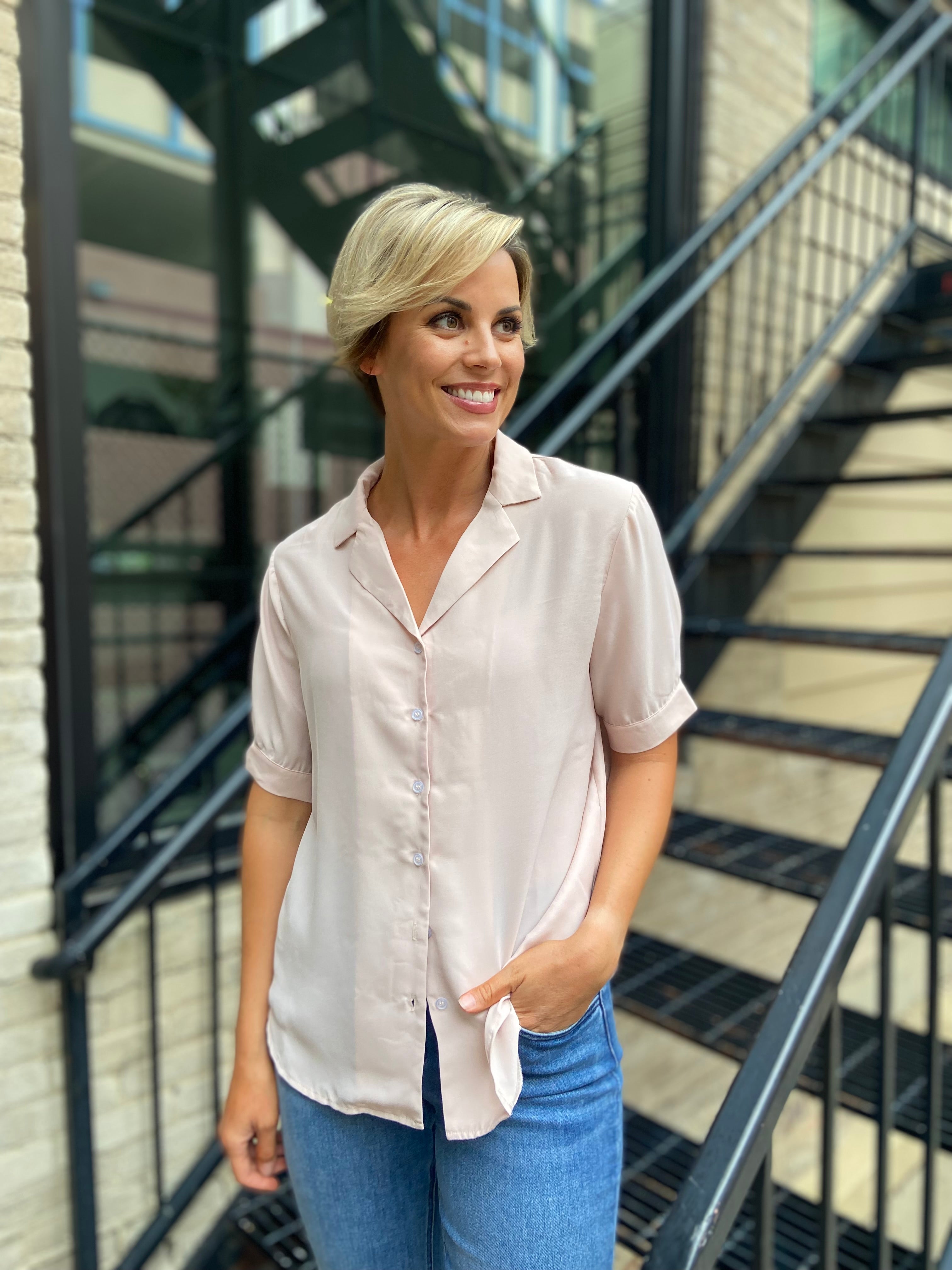Linda Blush Pink Collard Button Down Top