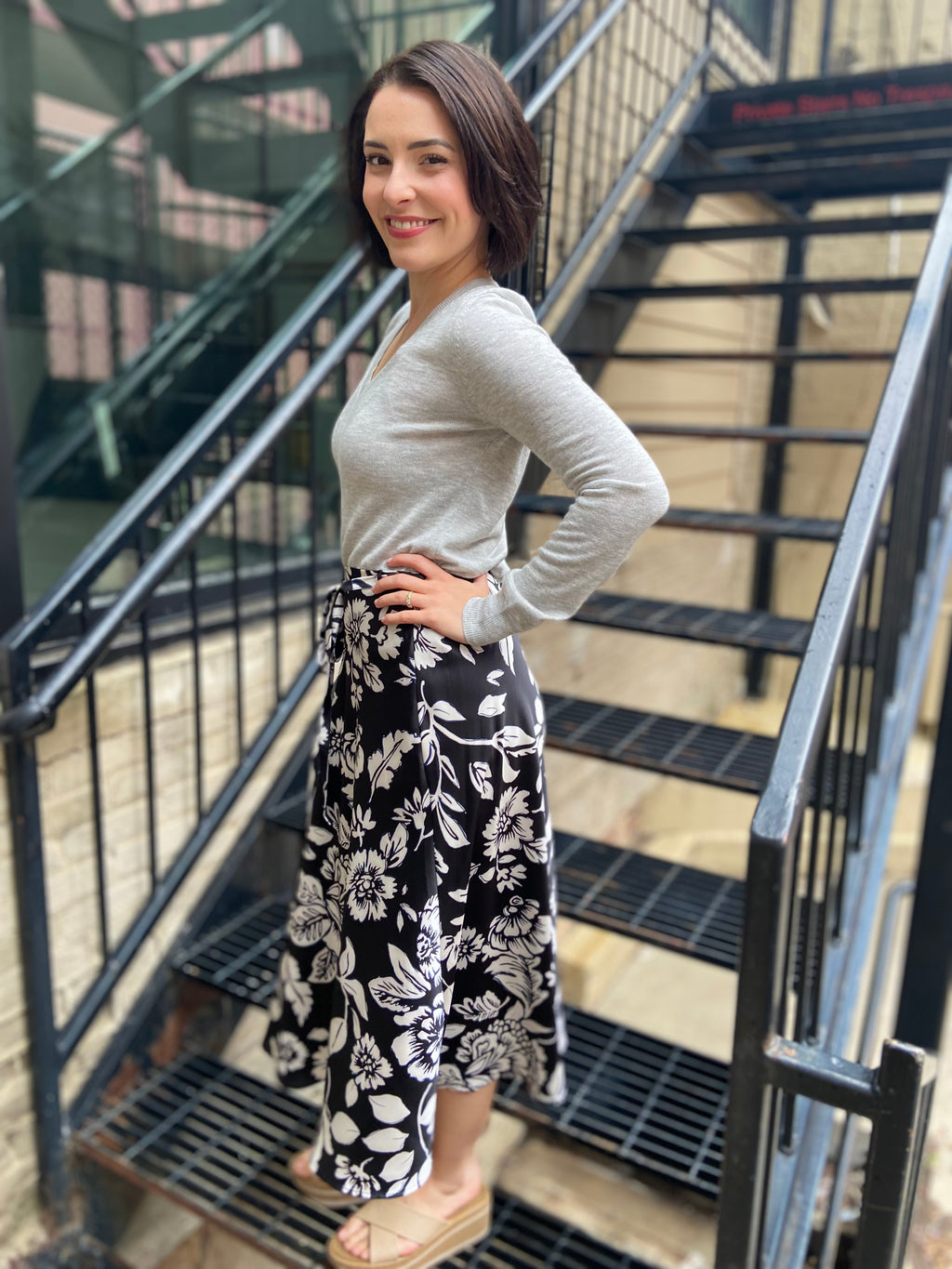 Skye Black & White Floral Satin Midi Skirt