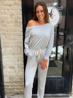 Morgan Heather Gray Drawstring Long Sleeve Jumpsuit