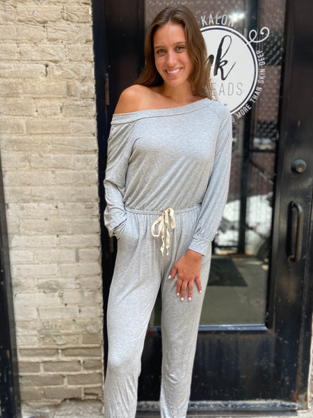 Morgan Heather Gray Drawstring Long Sleeve Jumpsuit