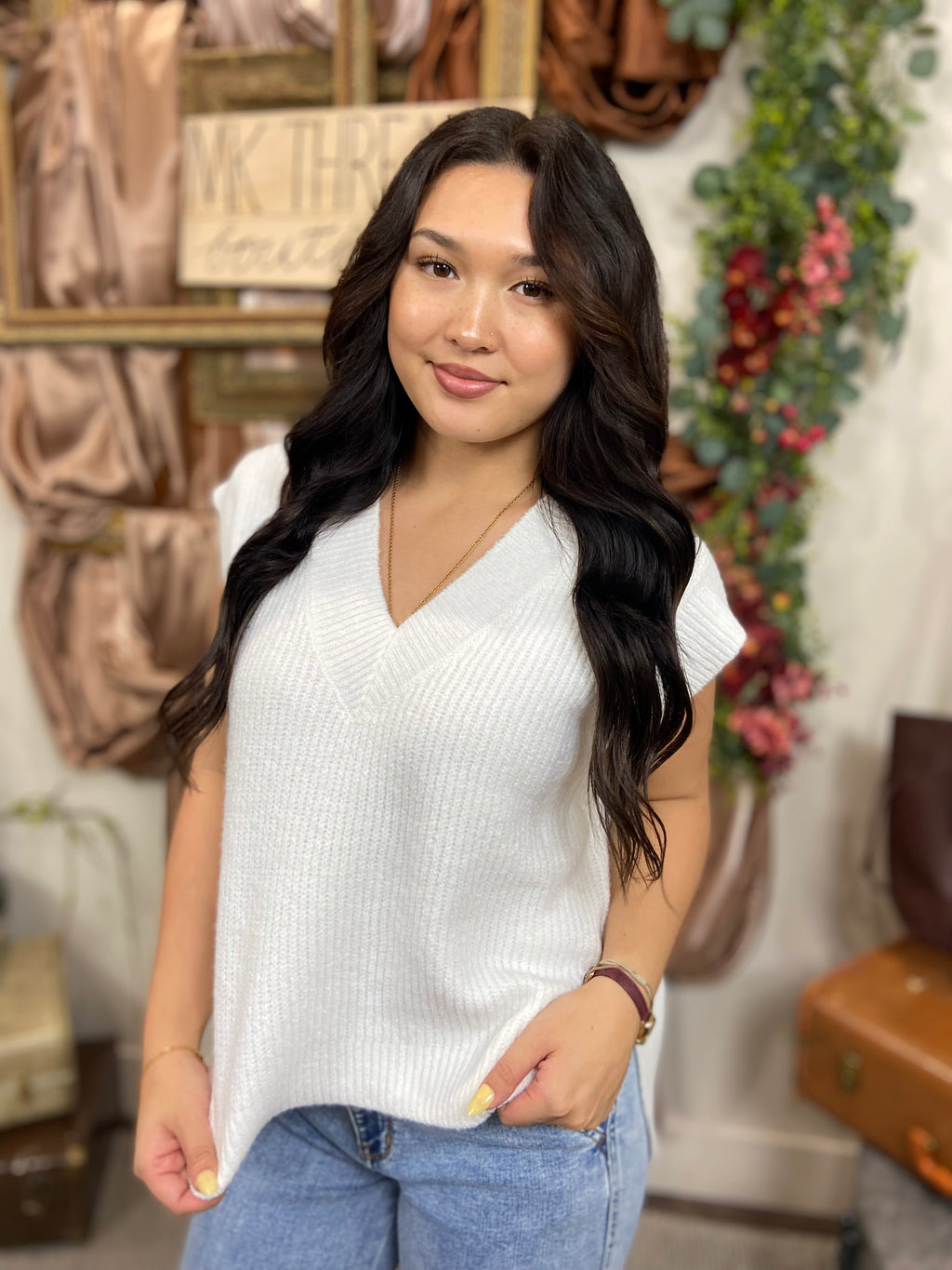 Kiara Ivory Oversized Sweater Vest Side Slit
