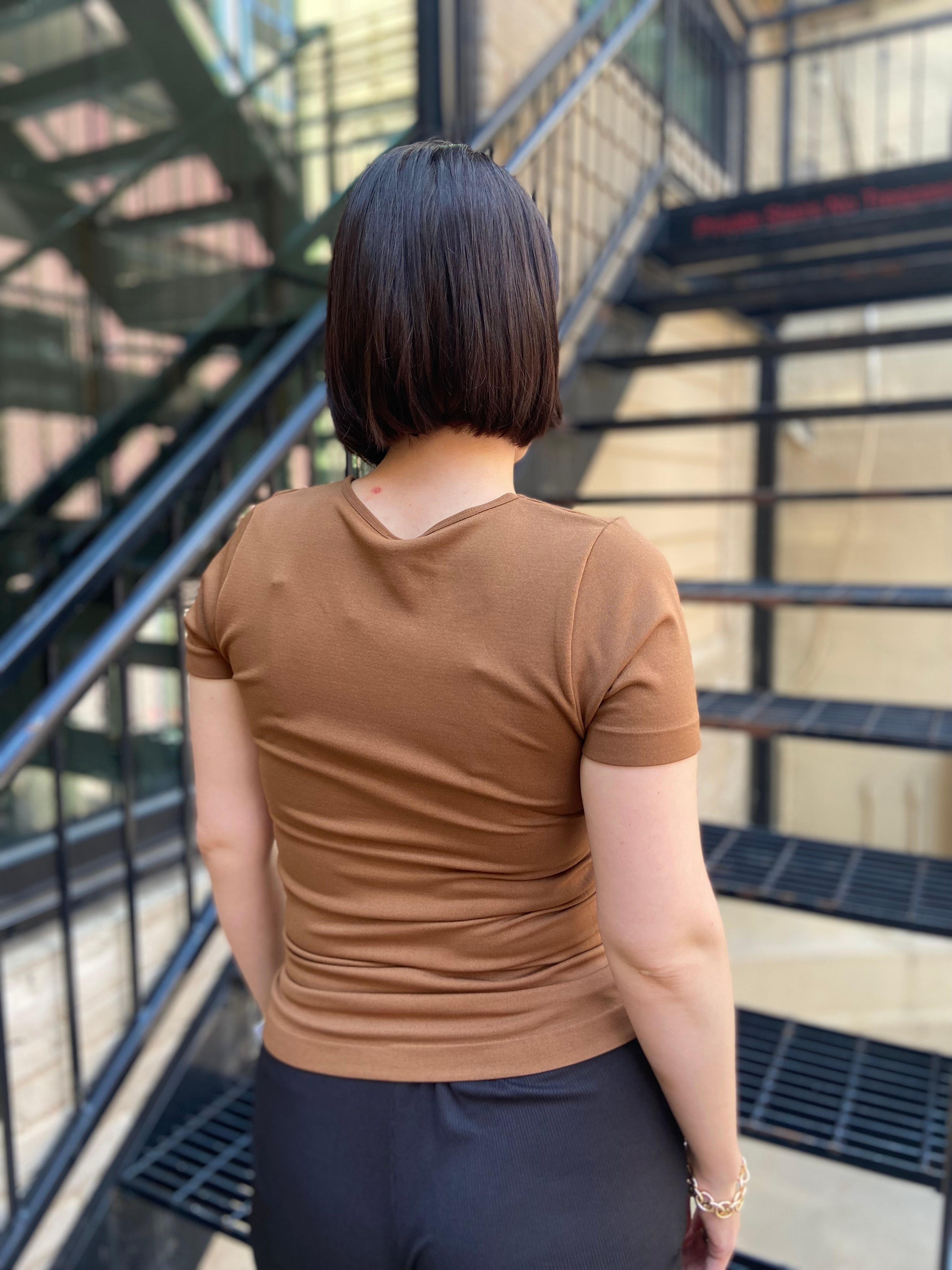 Lena Cognac Seamless Layering V-Neck T Shirt