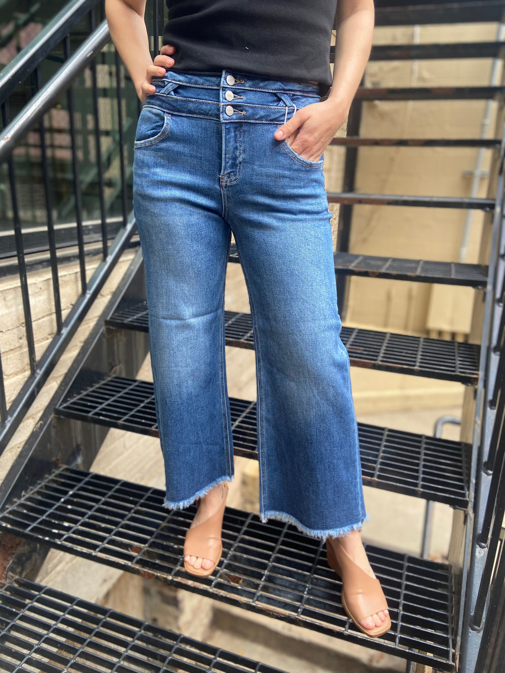 Alana Dark Wash Button Detail Wide Leg Risen Jeans - MK Threads Boutique