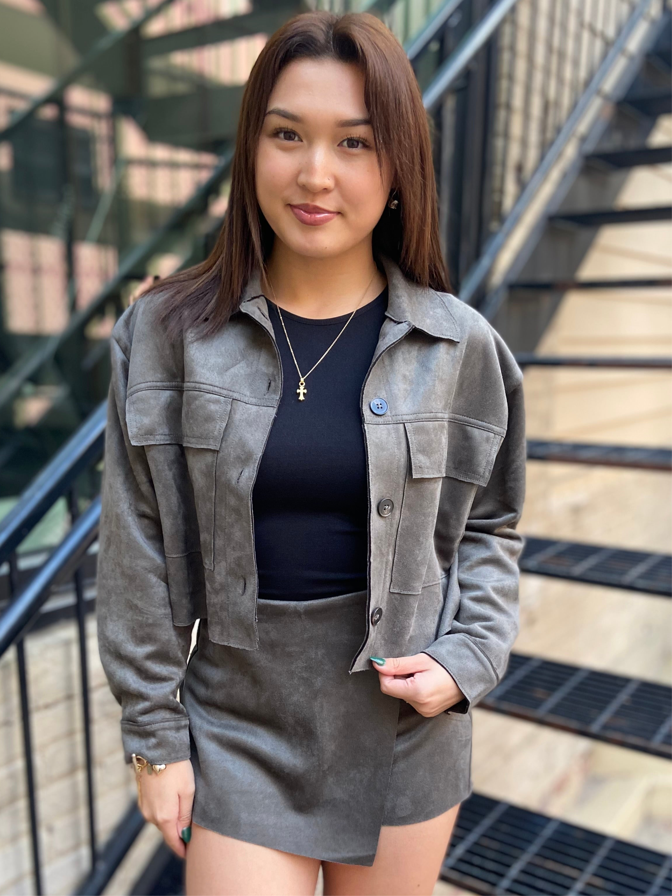 Ember Olive Grey Suede Cropped Jacket