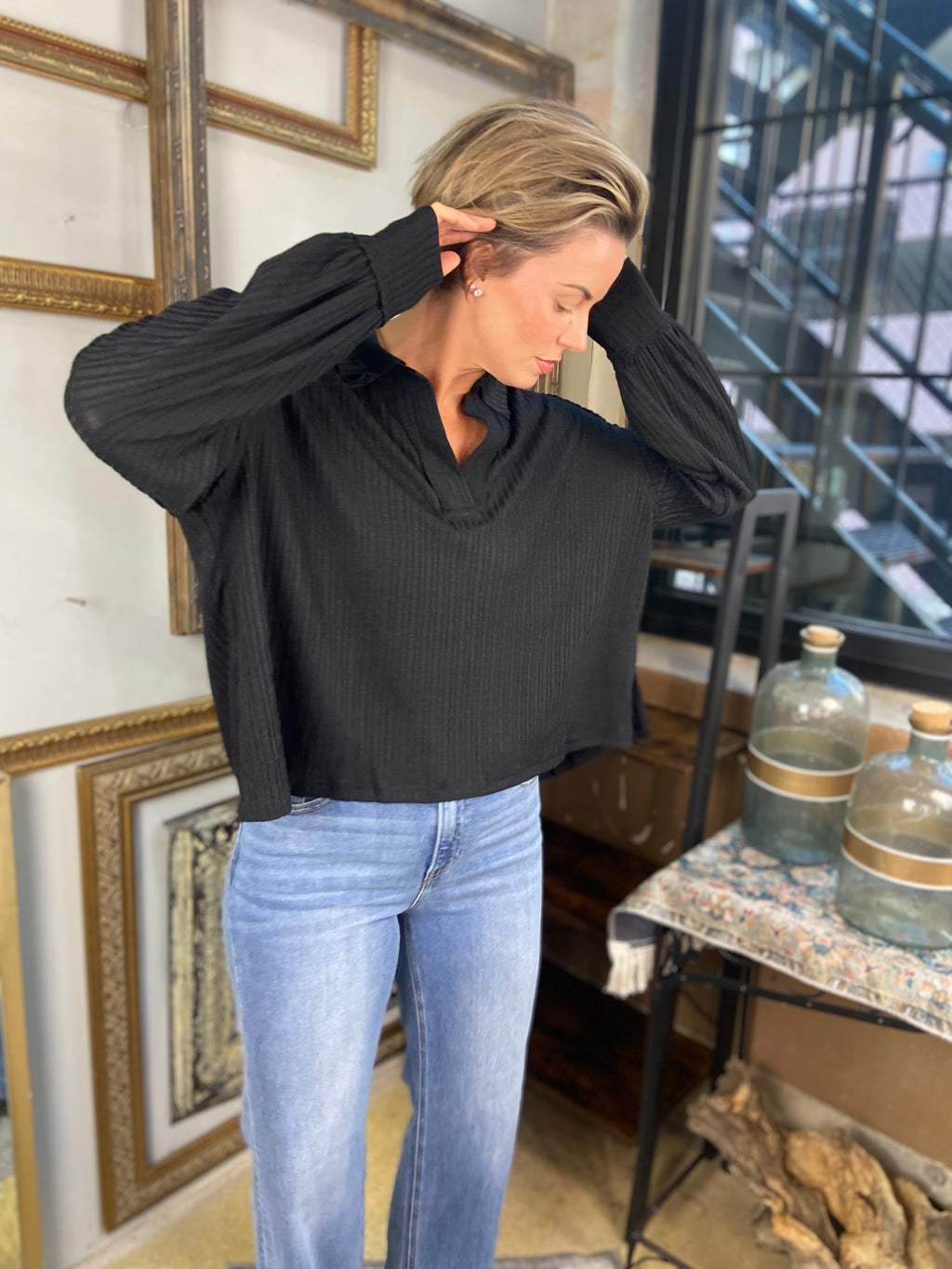 Bailey Black Quarter Split Ribbed Sweater