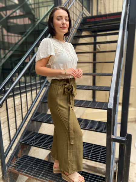 Vesper Olive Front Tie Cropped Pants
