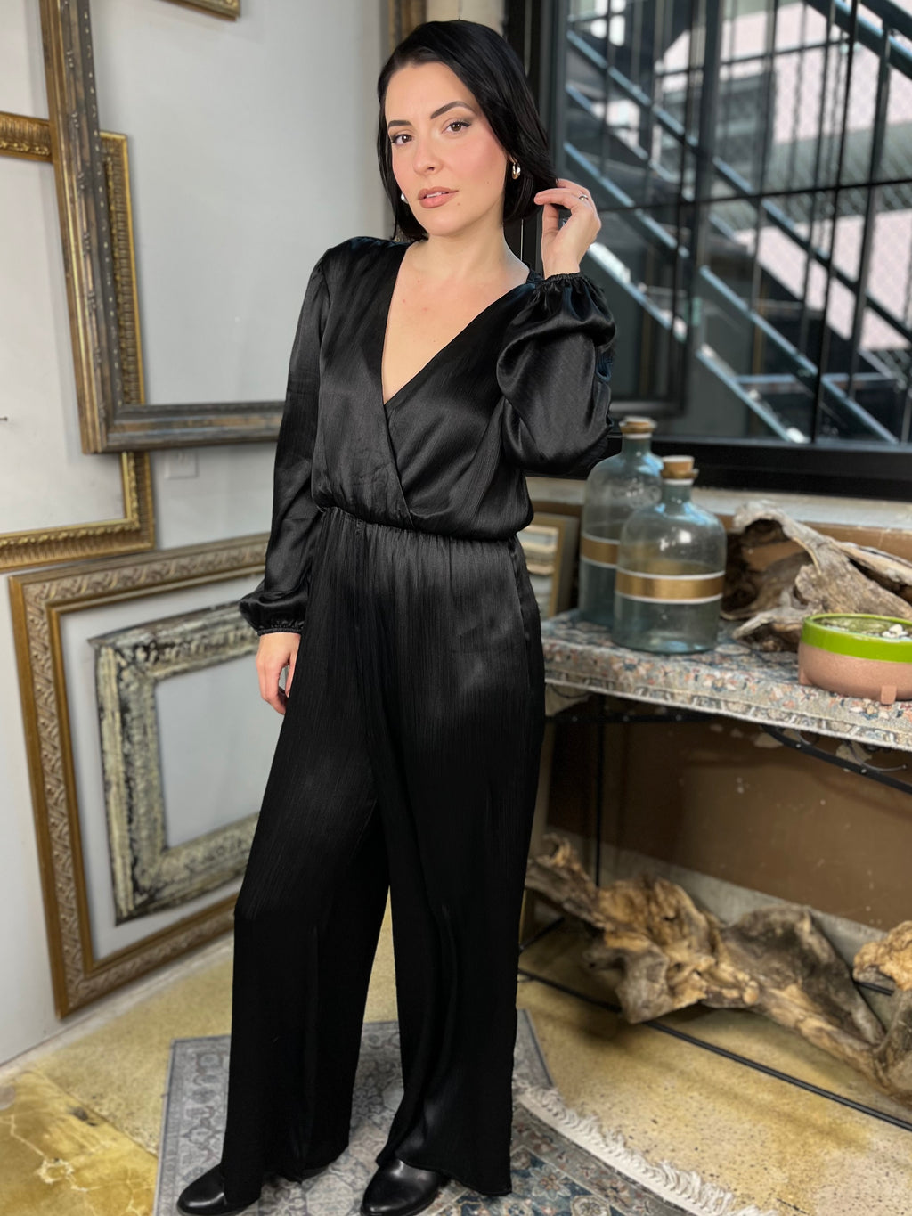 Drew Black V-Neck Satin Jumpsuit