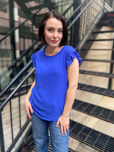 Miles Blue Ruffled Shoulder Cap Sleeve Top