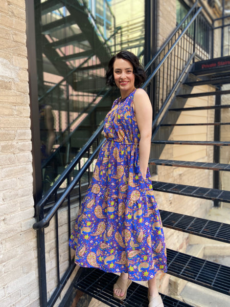 Lucy Royal Blue Paisley Print Midi Dress