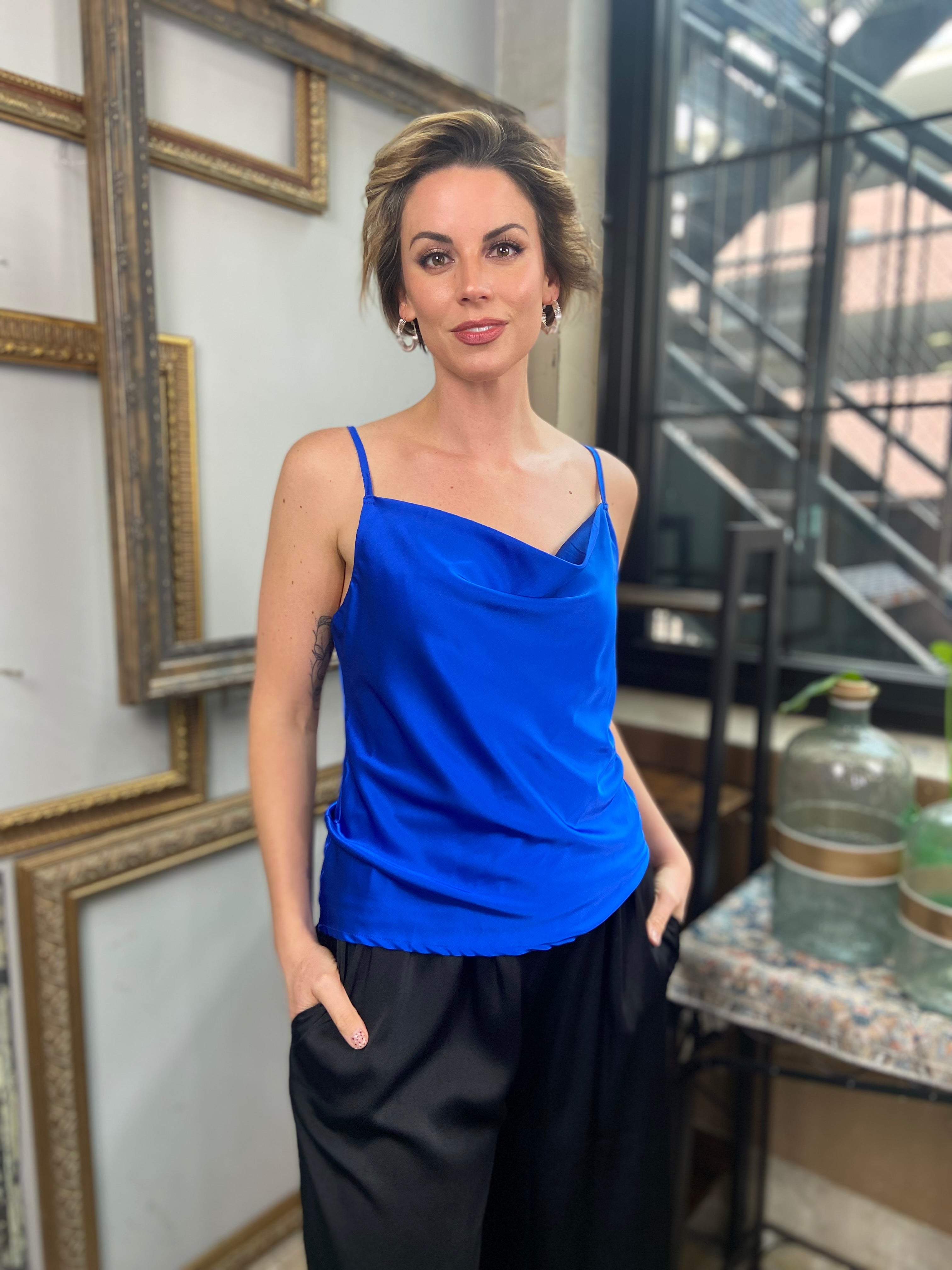 Caroline Royal Blue Satin Cowl Neck Blouse