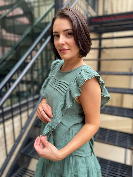 Alianne Moss Green Gauze Ruffle Top
