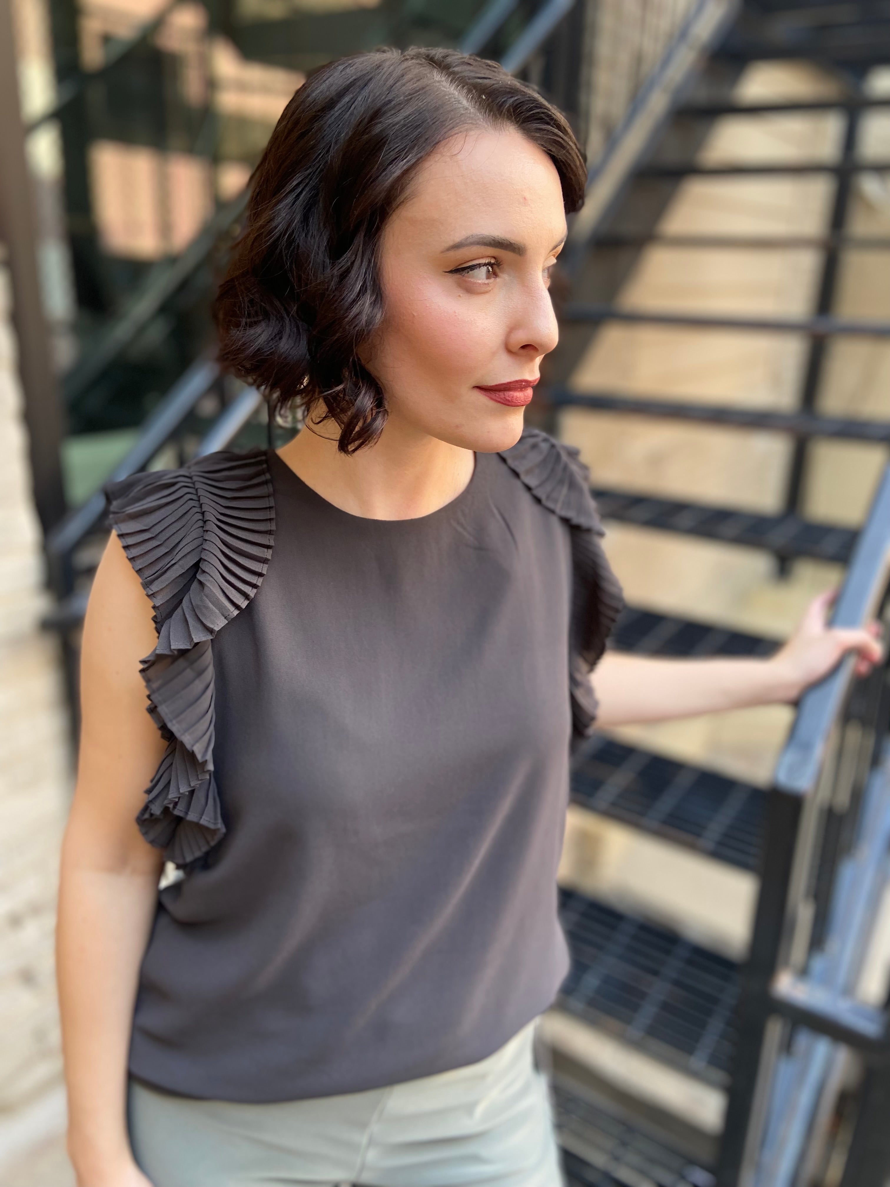 Emmett Gray Pleated Flutter Sleeve Blouse
