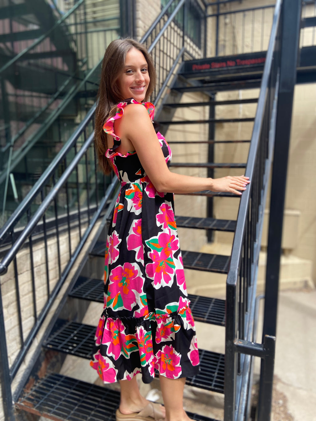 Zuri Black Floral Print Ruffle Midi Dress