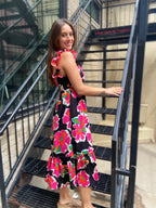 Zuri Black Floral Print Ruffle Midi Dress