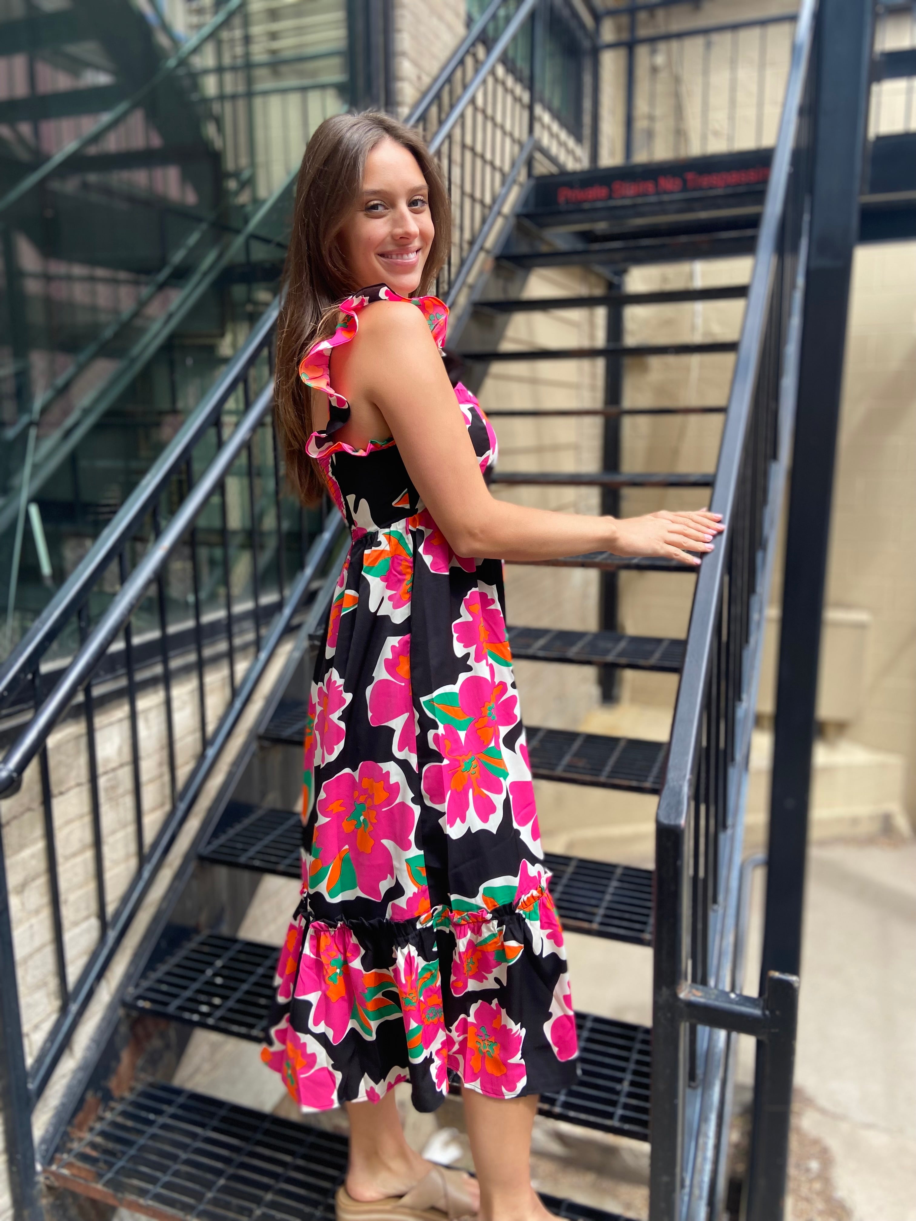 Zuri Black Floral Print Ruffle Midi Dress
