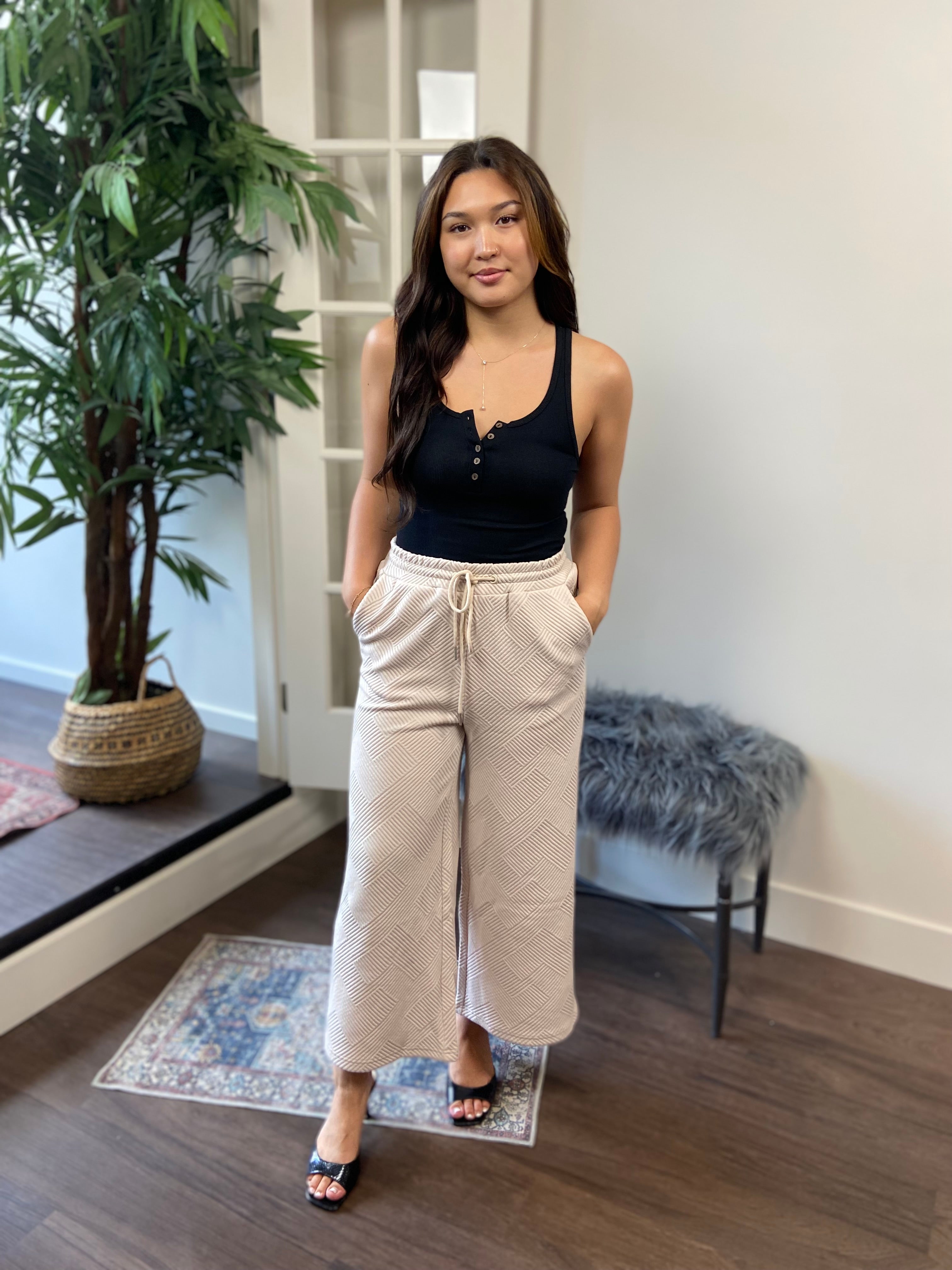 Belen Beige Quilt Textured Wide Leg Pants - MK Threads Boutique