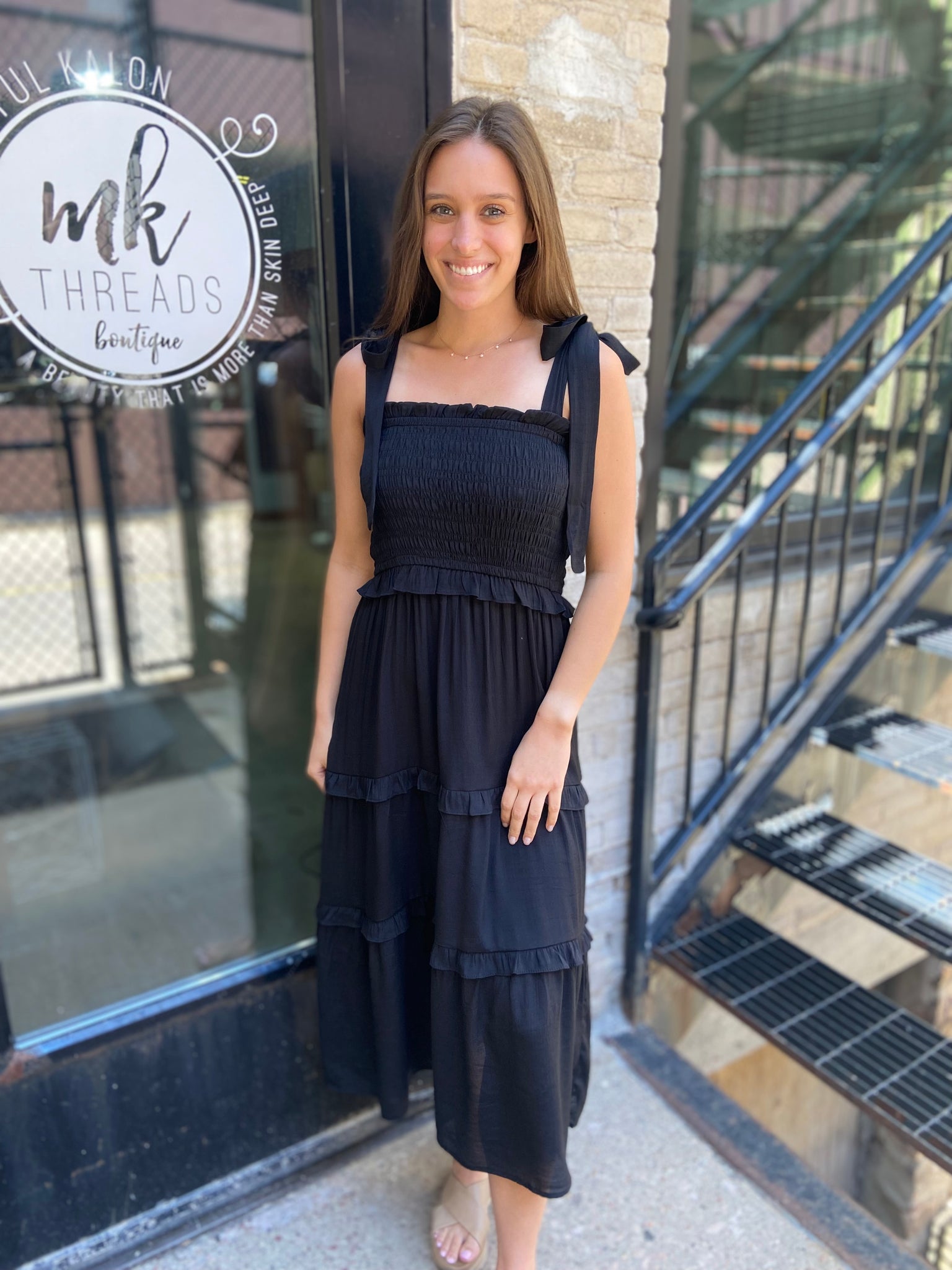 Phoebe Black Tie Shoulder Midi Dress