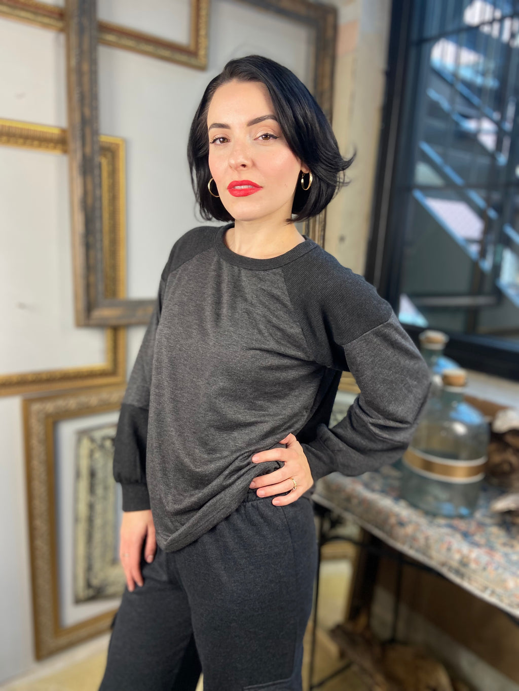 Olander Charcoal Wide Crew Neck Long Sleeve