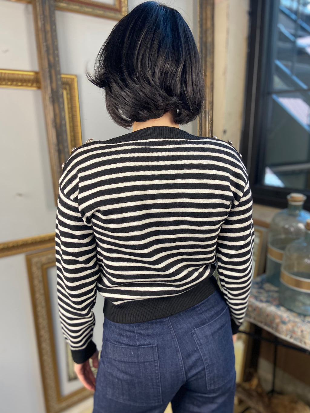 Alix Black & Cream Button Shoulder Striped Long Sleeve