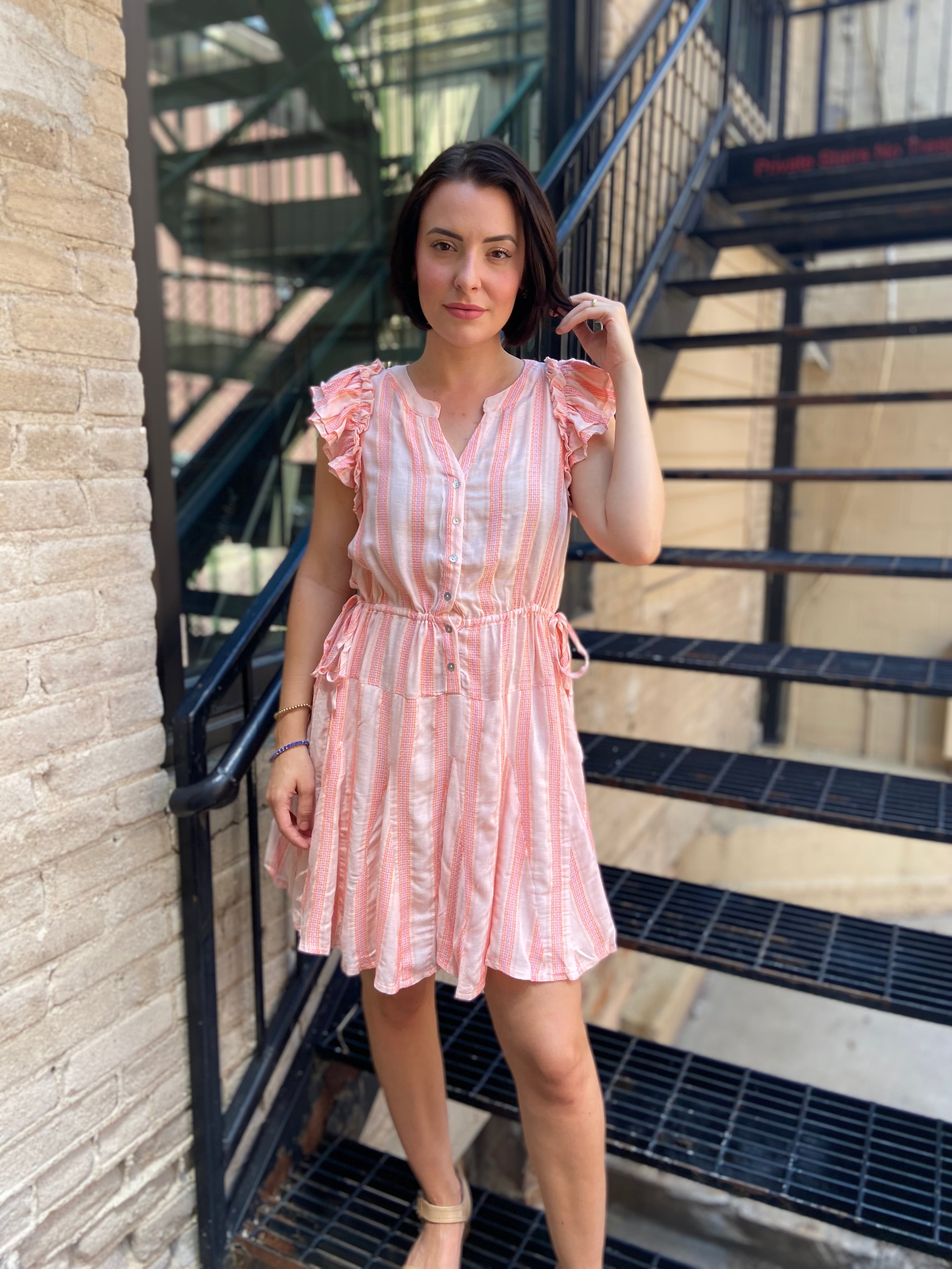 Siena Coral Striped Tie Waist Mini Dress