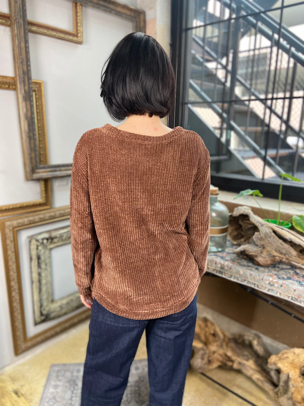 Kayla Brown Chenille Waffle Round Neck Sweater