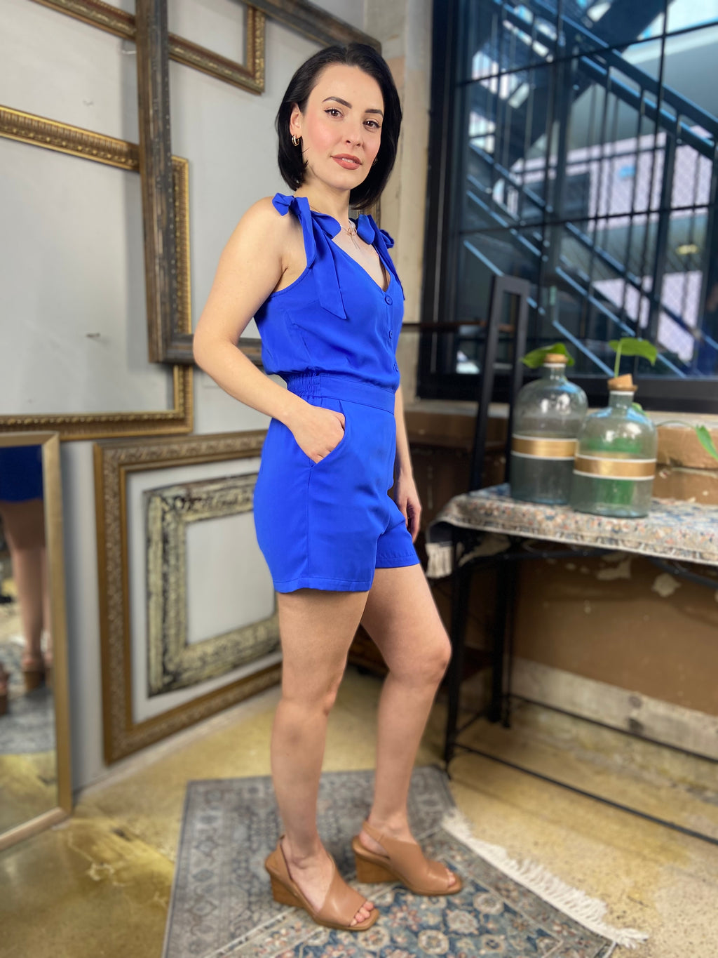 Cynthia Capri Blue Shoulder Knot Sleeveless Romper