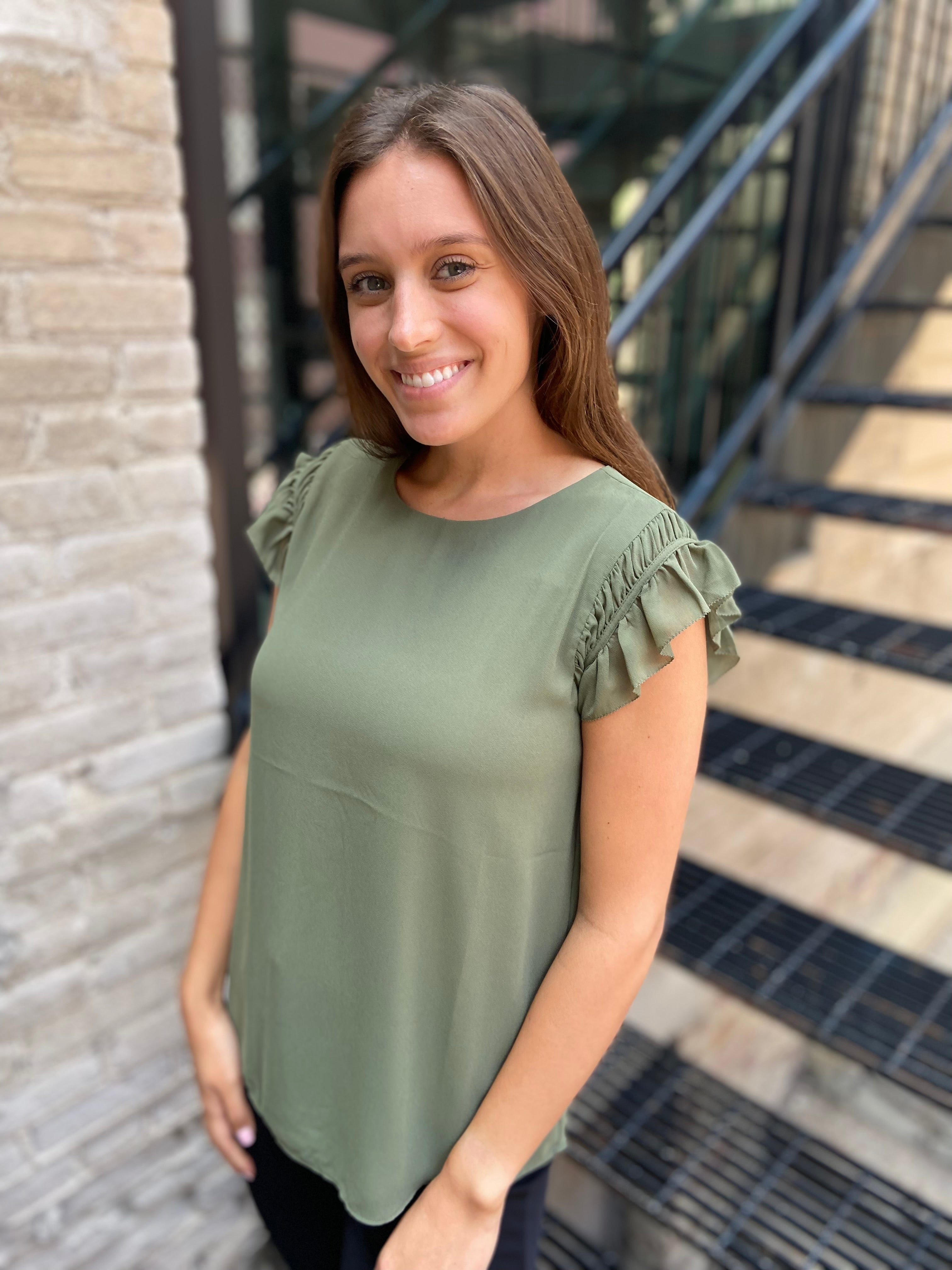Miles Green Ruffled Shoulder Cap Sleeve Top