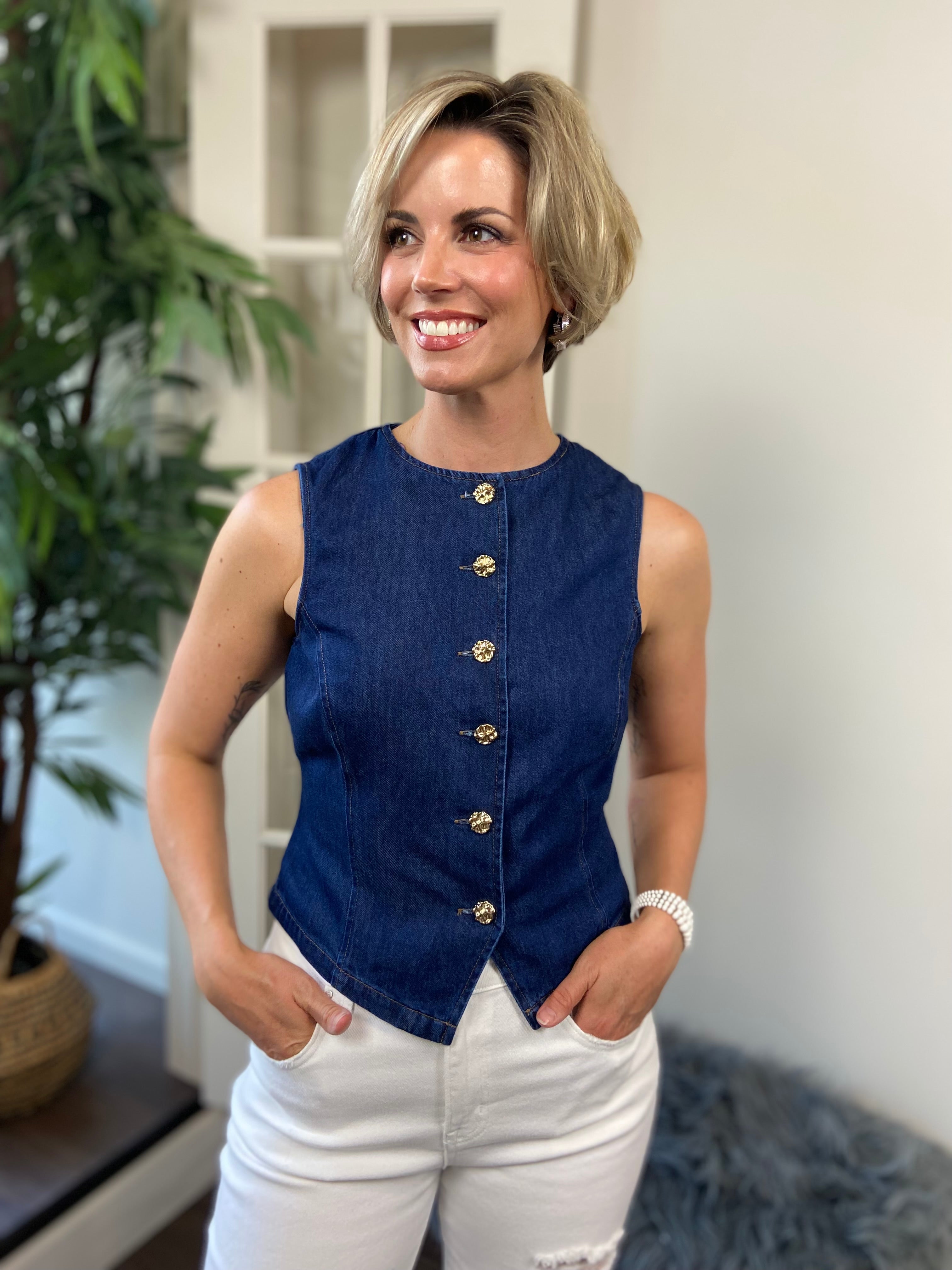 Ezra Dark Wash Denim Gold Button Detail Vest - MK Threads Boutique