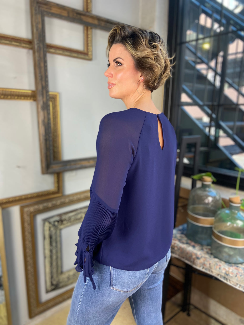 Olivia Navy Pleated Bell Sleeve Long Sleeve Blouse - MK Threads Boutique
