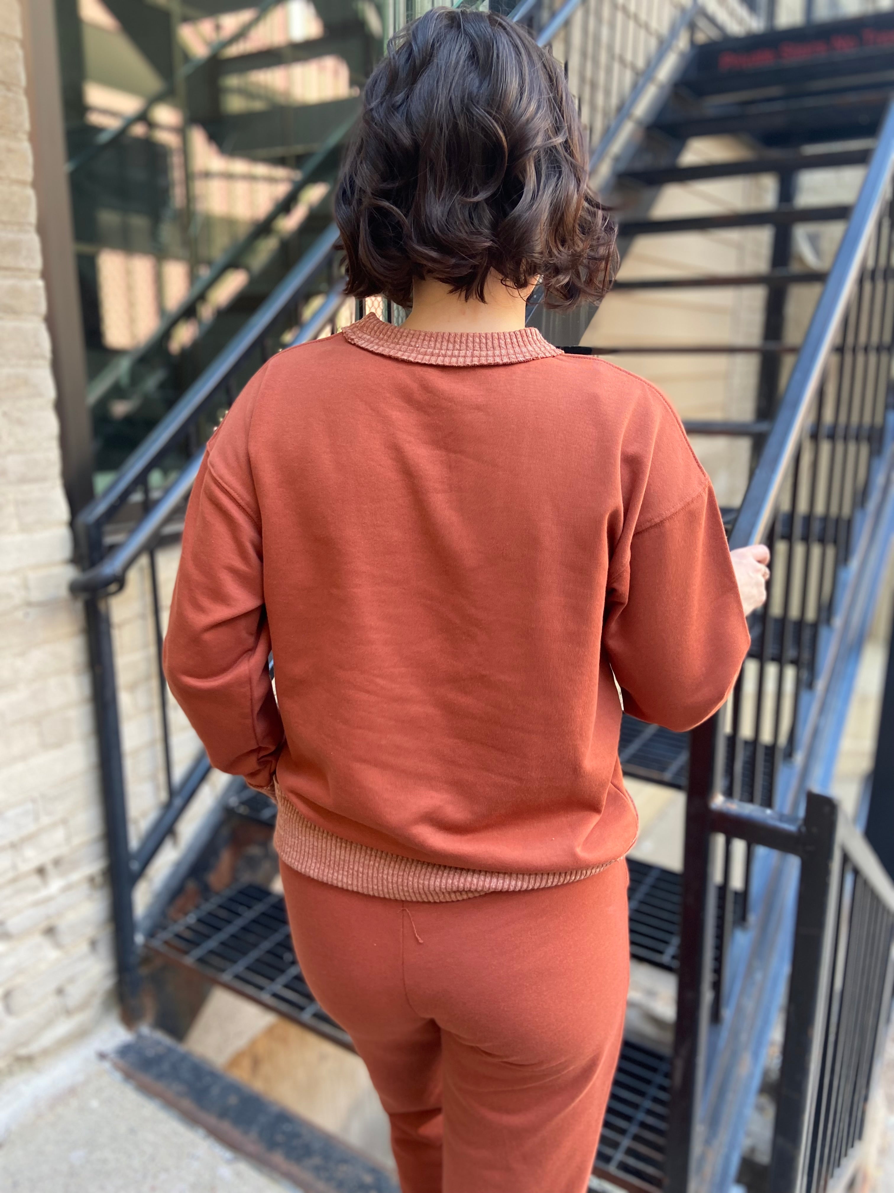 Stephanie Rust Ribbed Terry Knit Crewneck