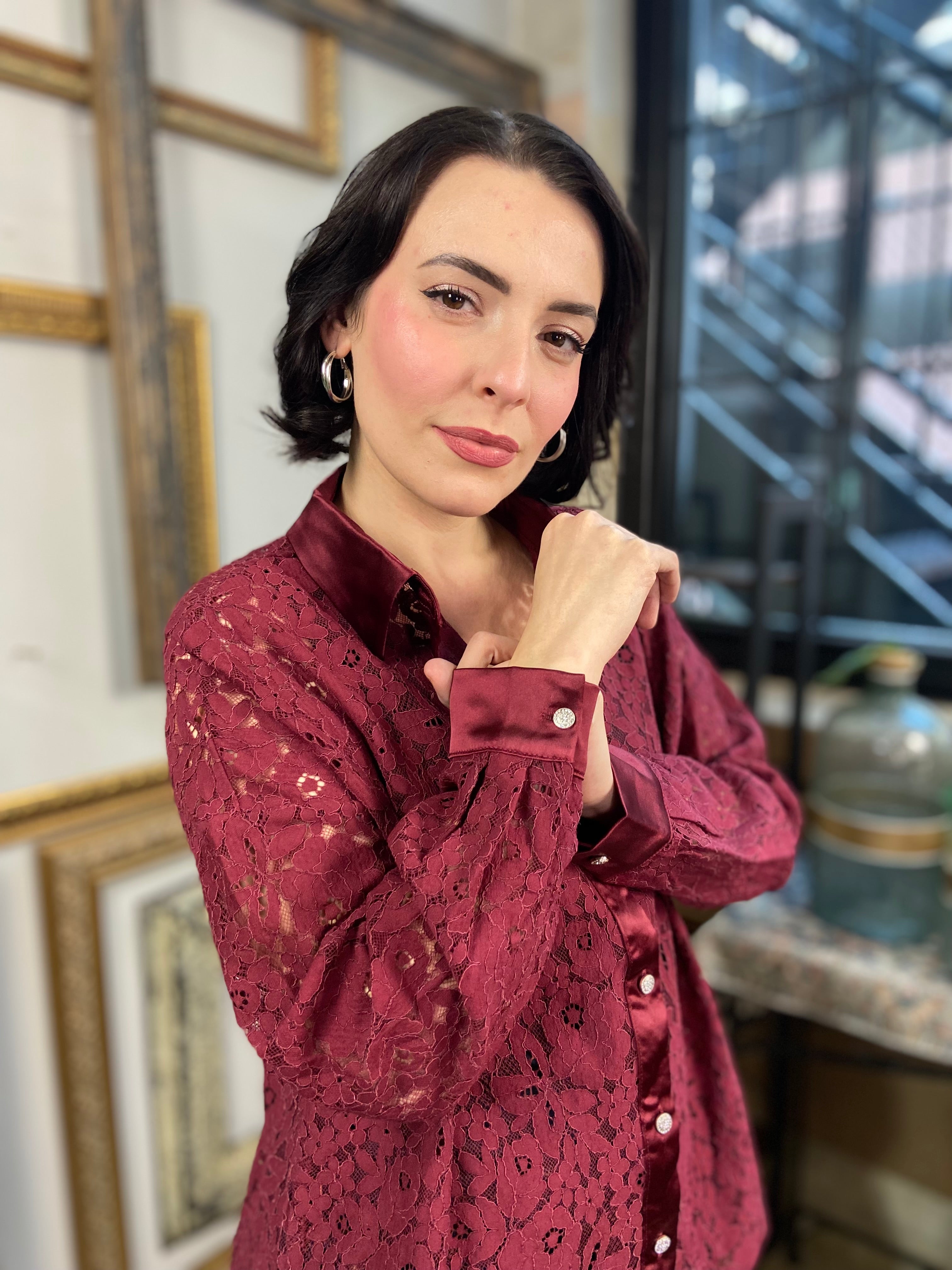 Nancie Wine Lace Button Up Top