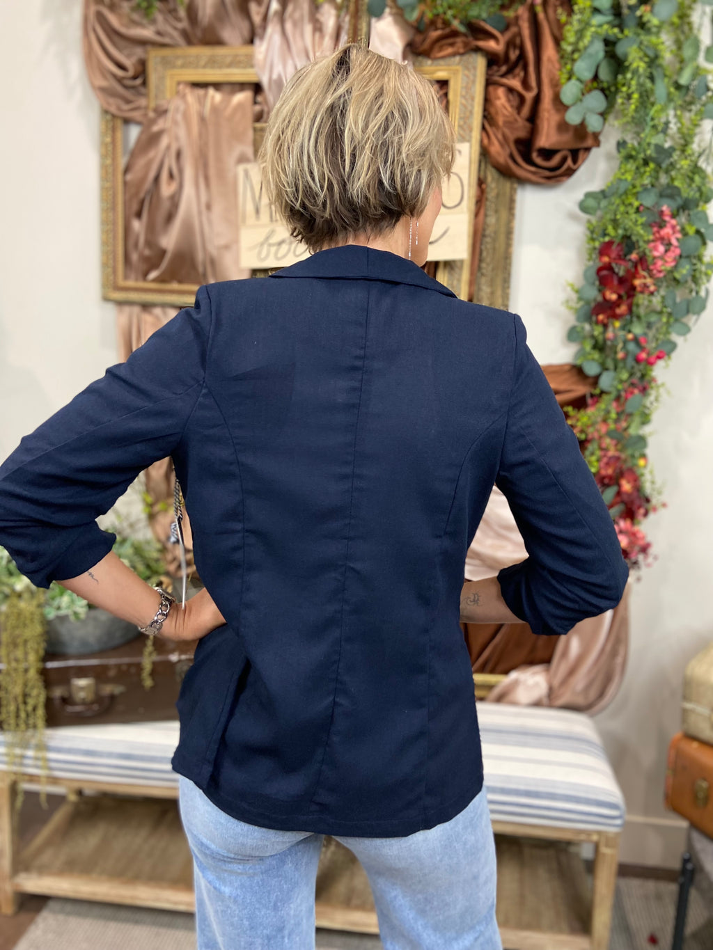 Ezra Navy Quarter Sleeve Blazer