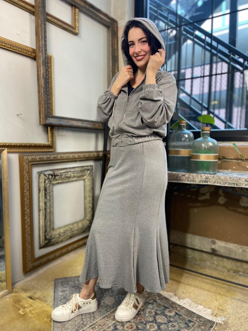 Olivia Gray Ribbed Crop Zip Up & Midi Skirt Set - MK Threads Boutique