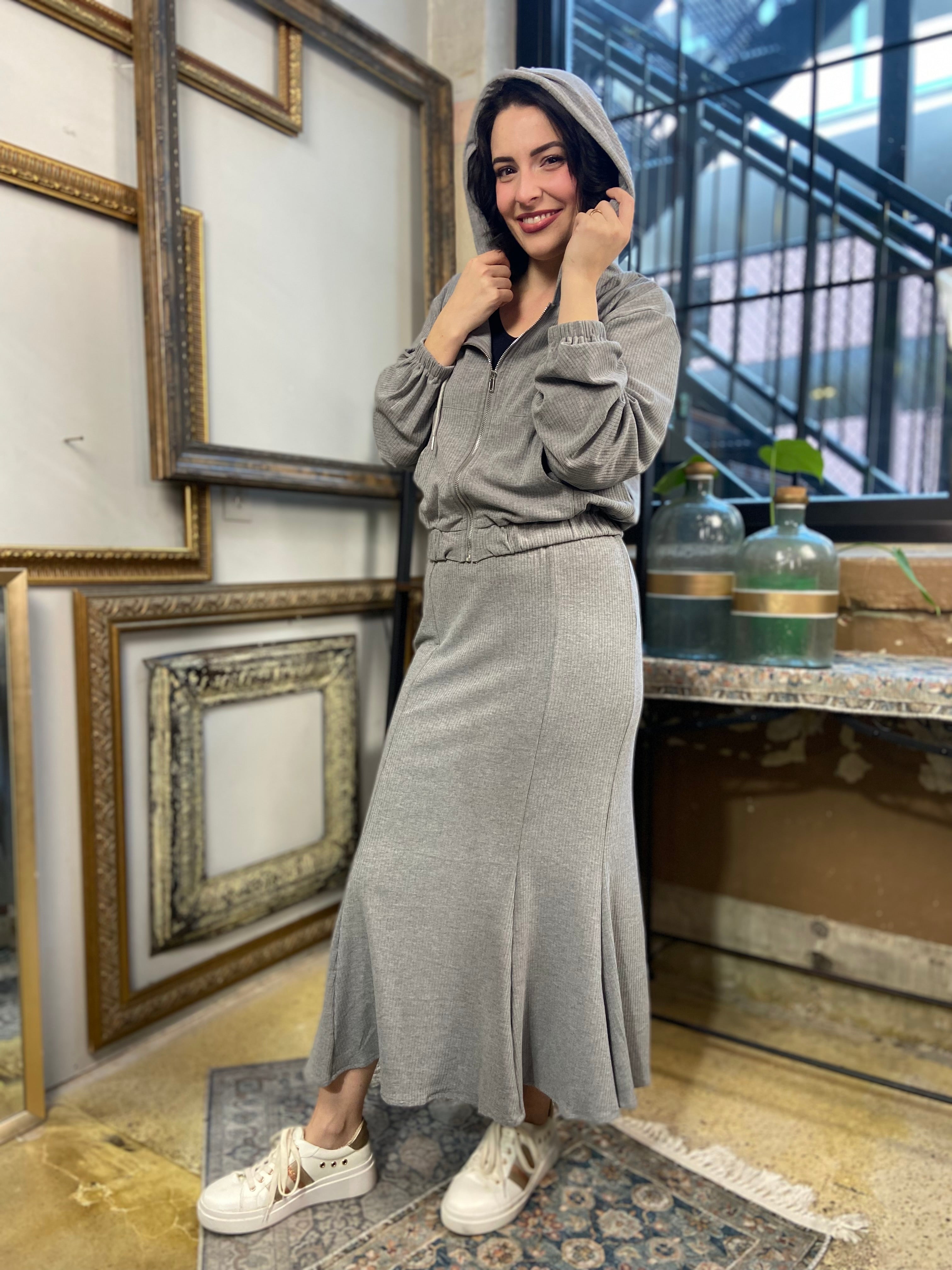 Olivia Gray Ribbed Crop Zip Up & Midi Skirt Set - MK Threads Boutique