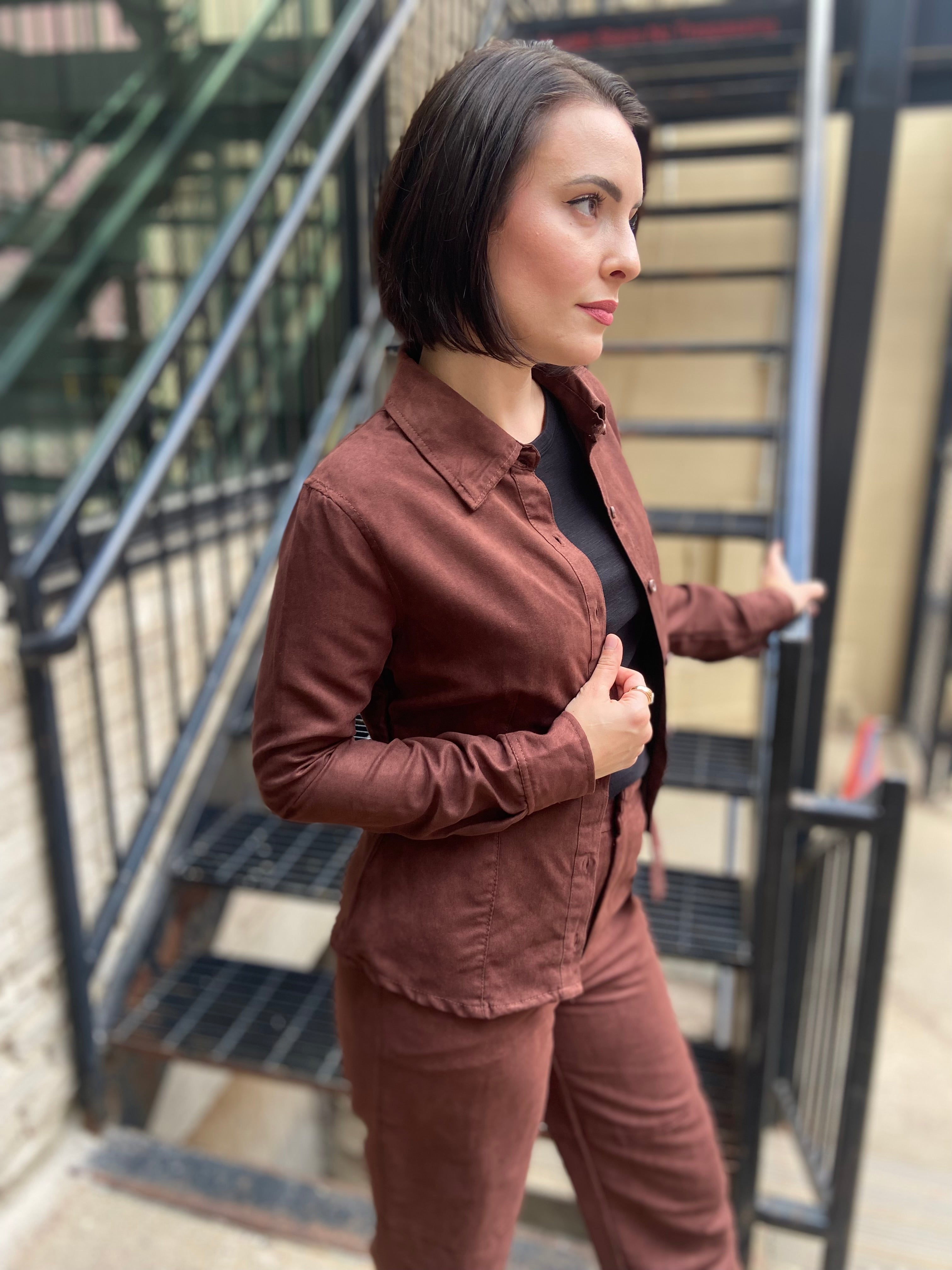 Eli dark Brown Suede Long Sleeve Button Up Top