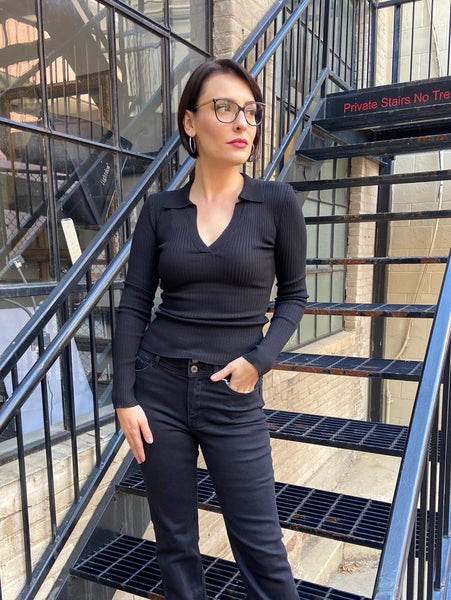 Cassandra Black Ribbed Long Sleeve Top
