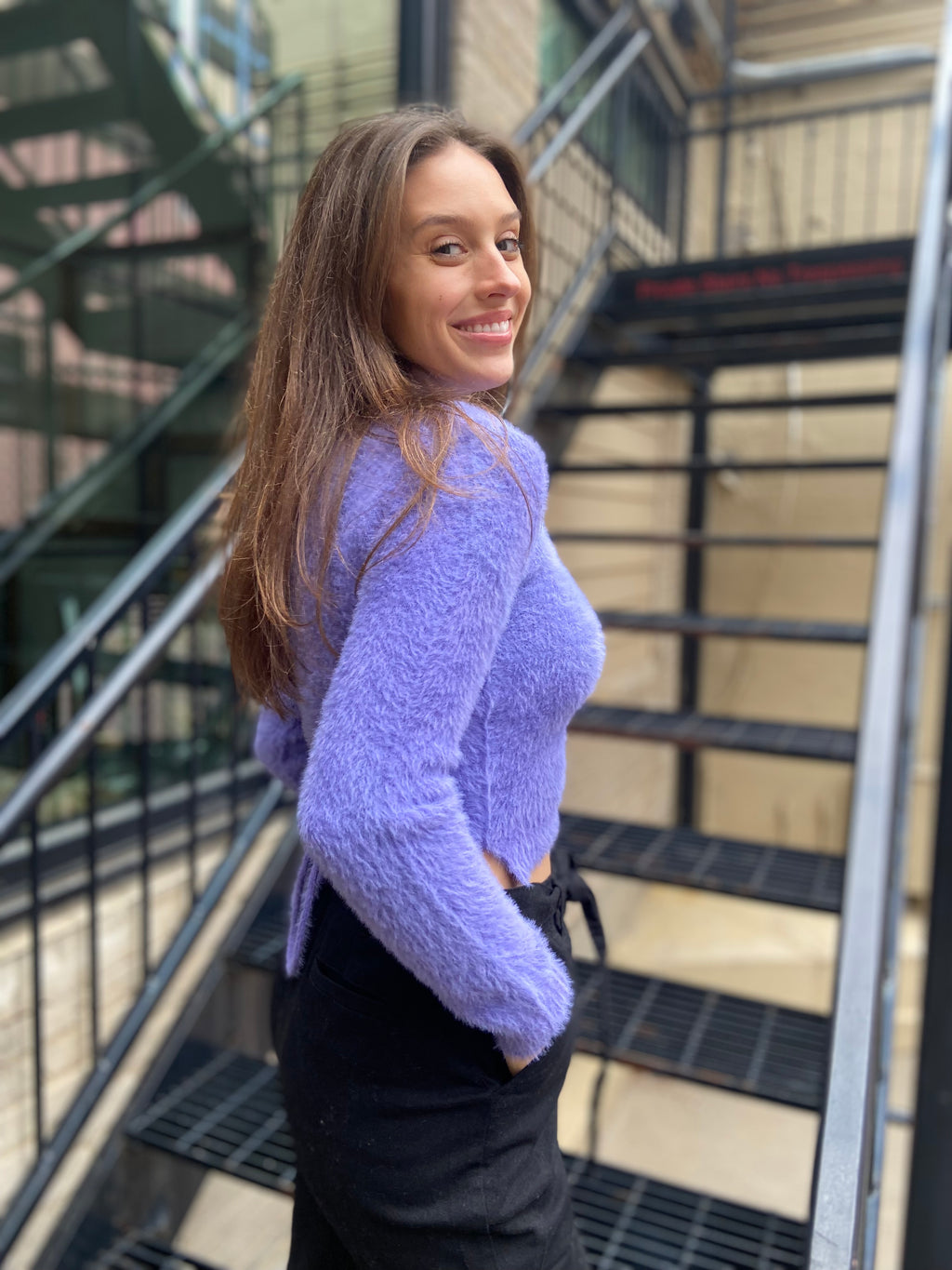Payton Lavender Fuzzy Long Sleeve Back Tie Sweater