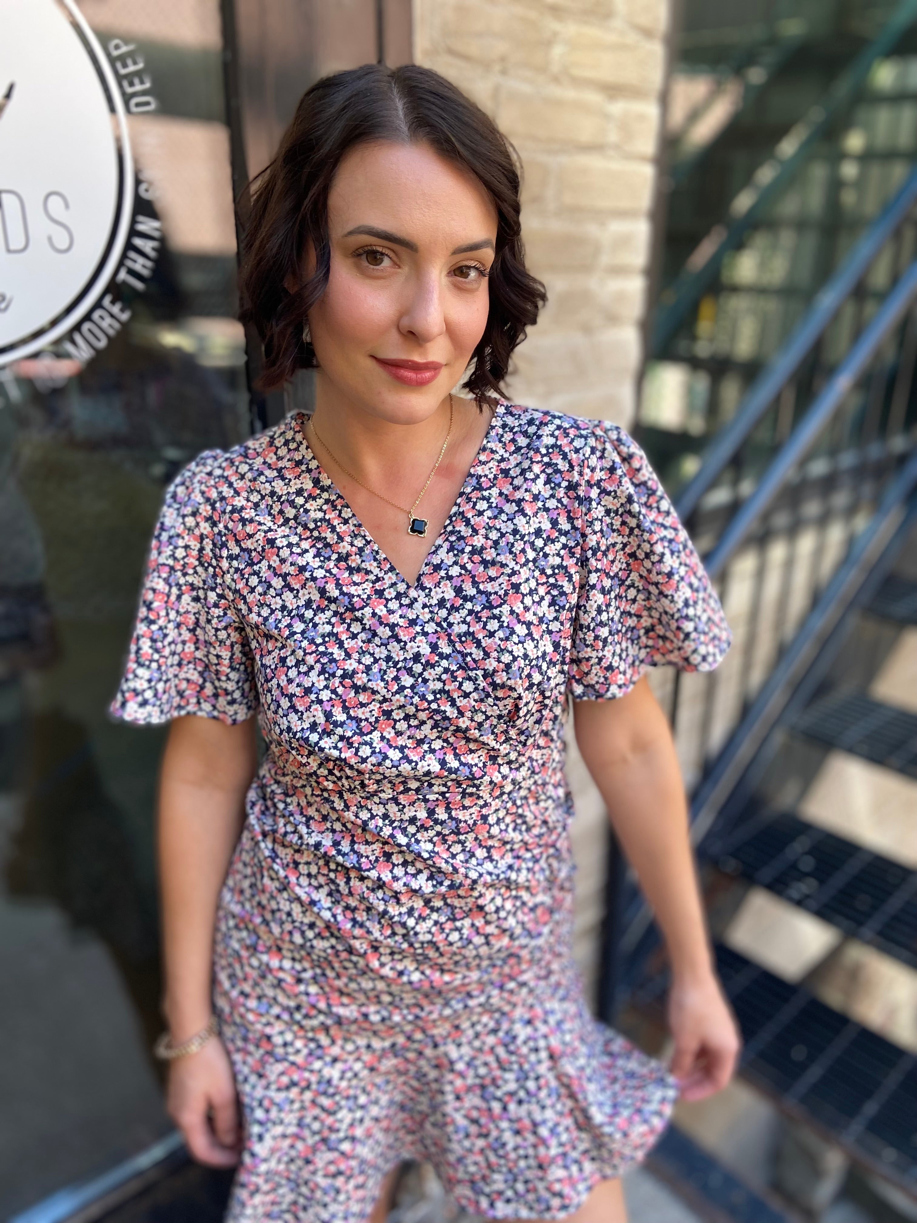 Luci Black Floral V-Neck Cap Sleeve Mini Dress