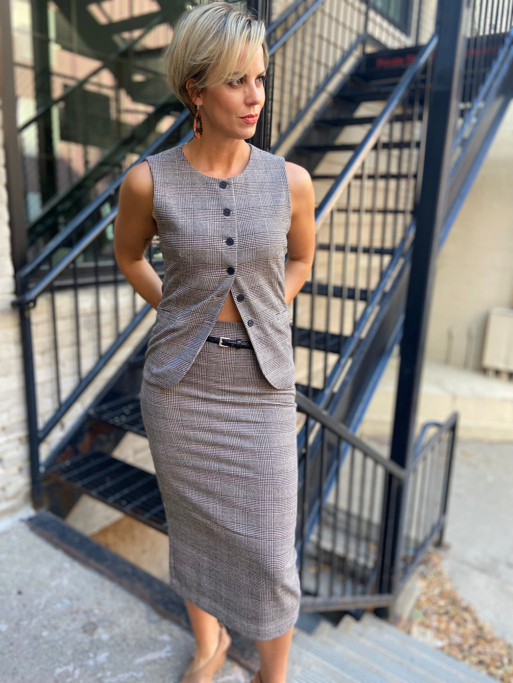 Parker Taupe & Pink Plaid Belted Midi Skirt